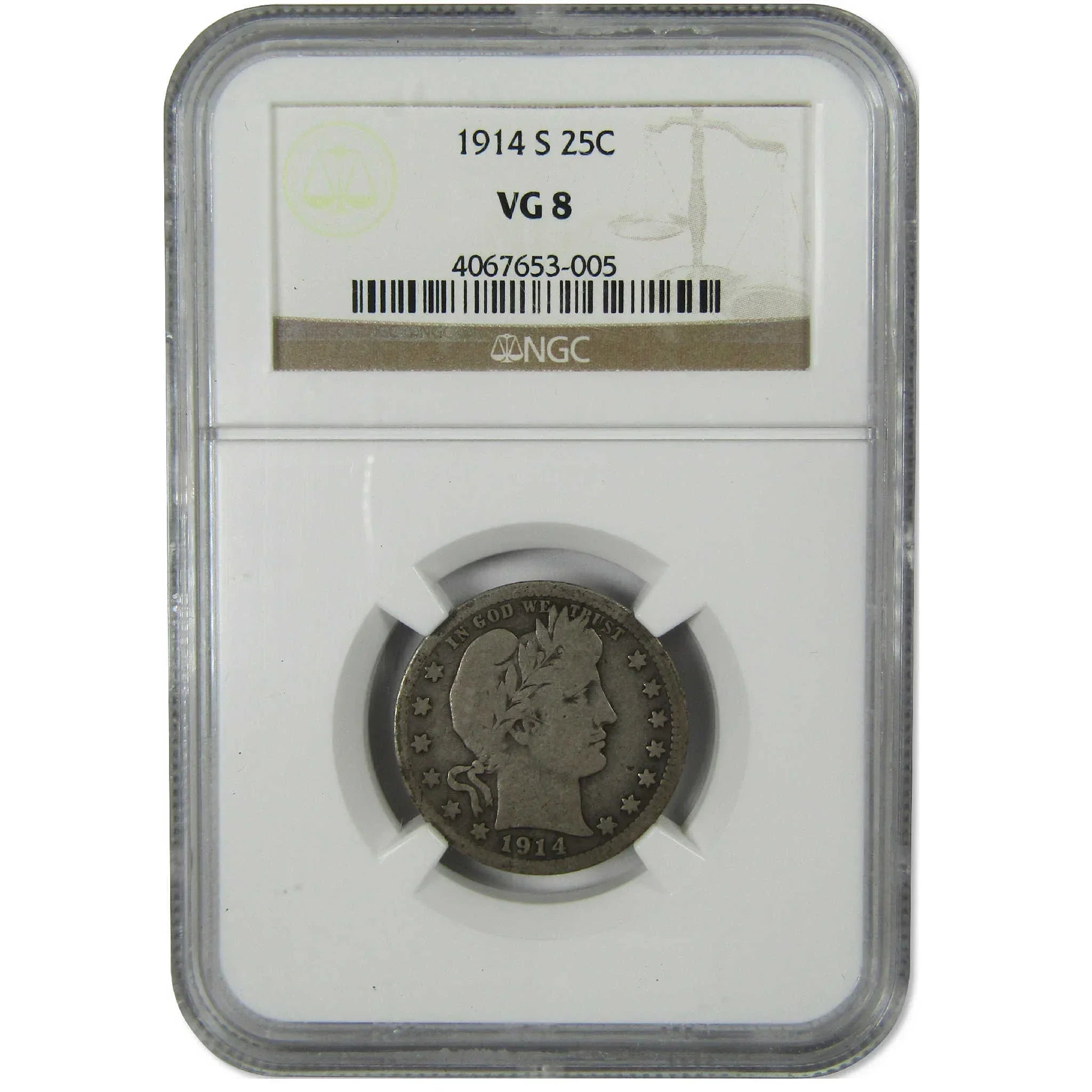 1914 S Barber Silver Quarter VG 8 NGC 25c Coin Collectible