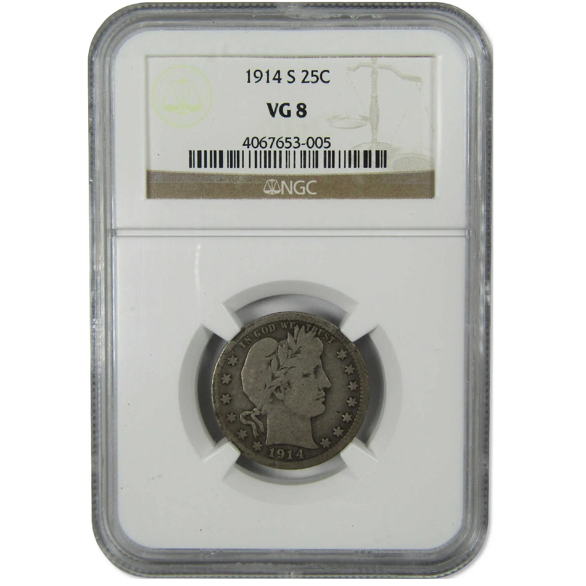 1914 S Barber Silver Quarter VG 8 NGC 25c Coin Collectible
