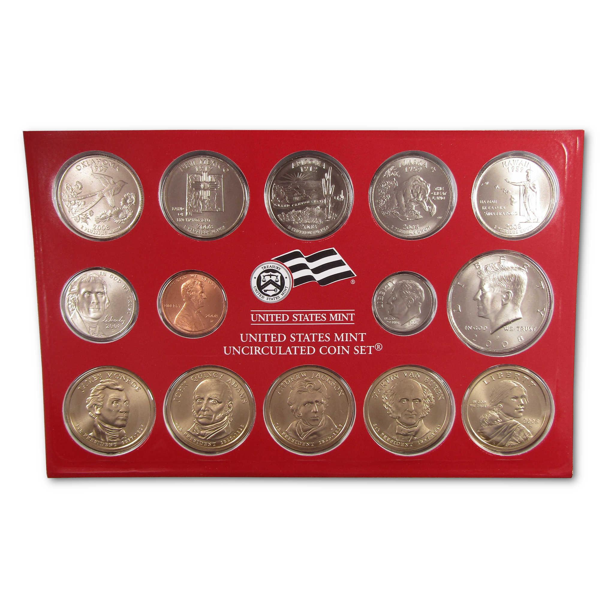 United States Mint uncirculated coin set with collectible coins in red display case