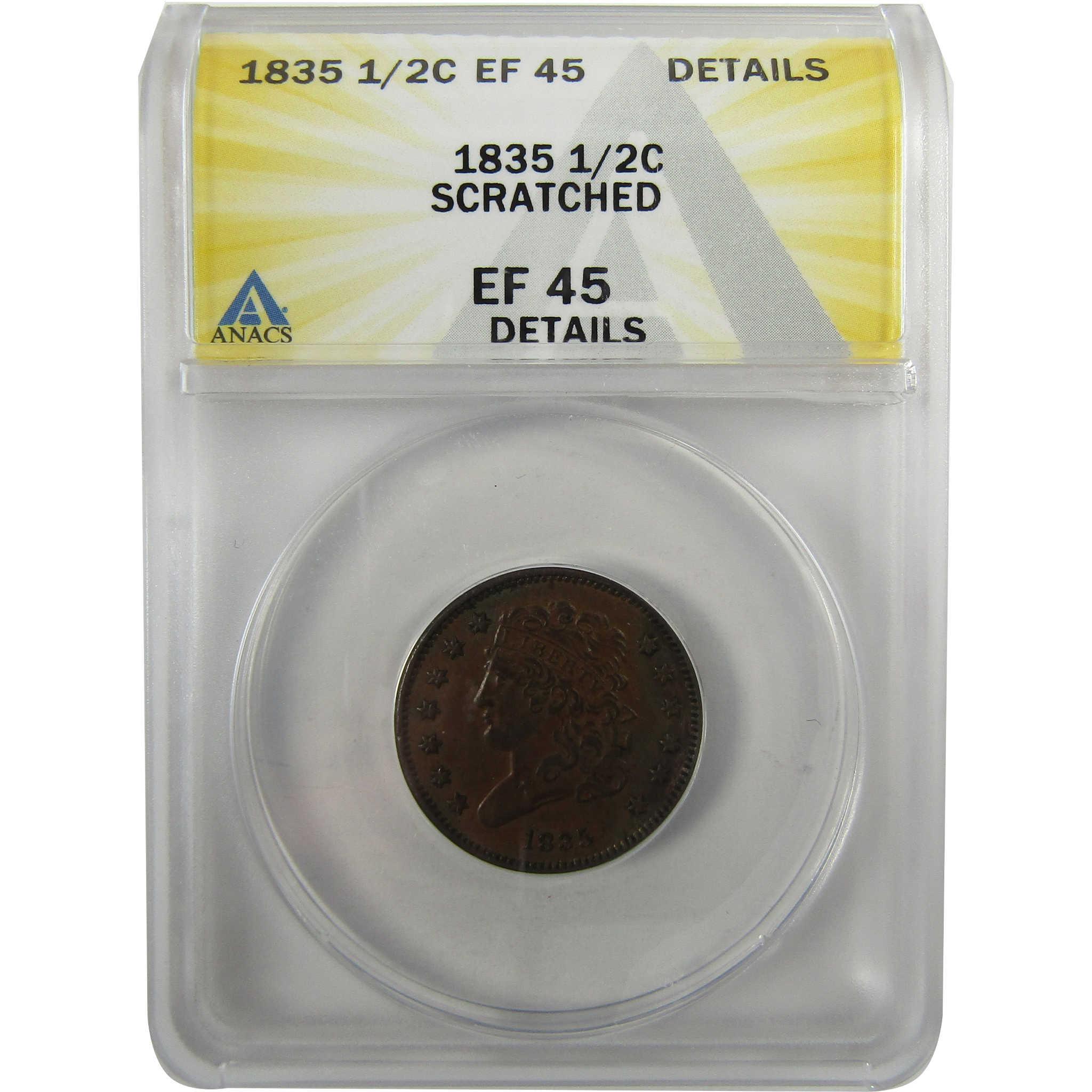 1835 Classic Head Copper Half Cent EF 45 Details ANACS SKU:I28031