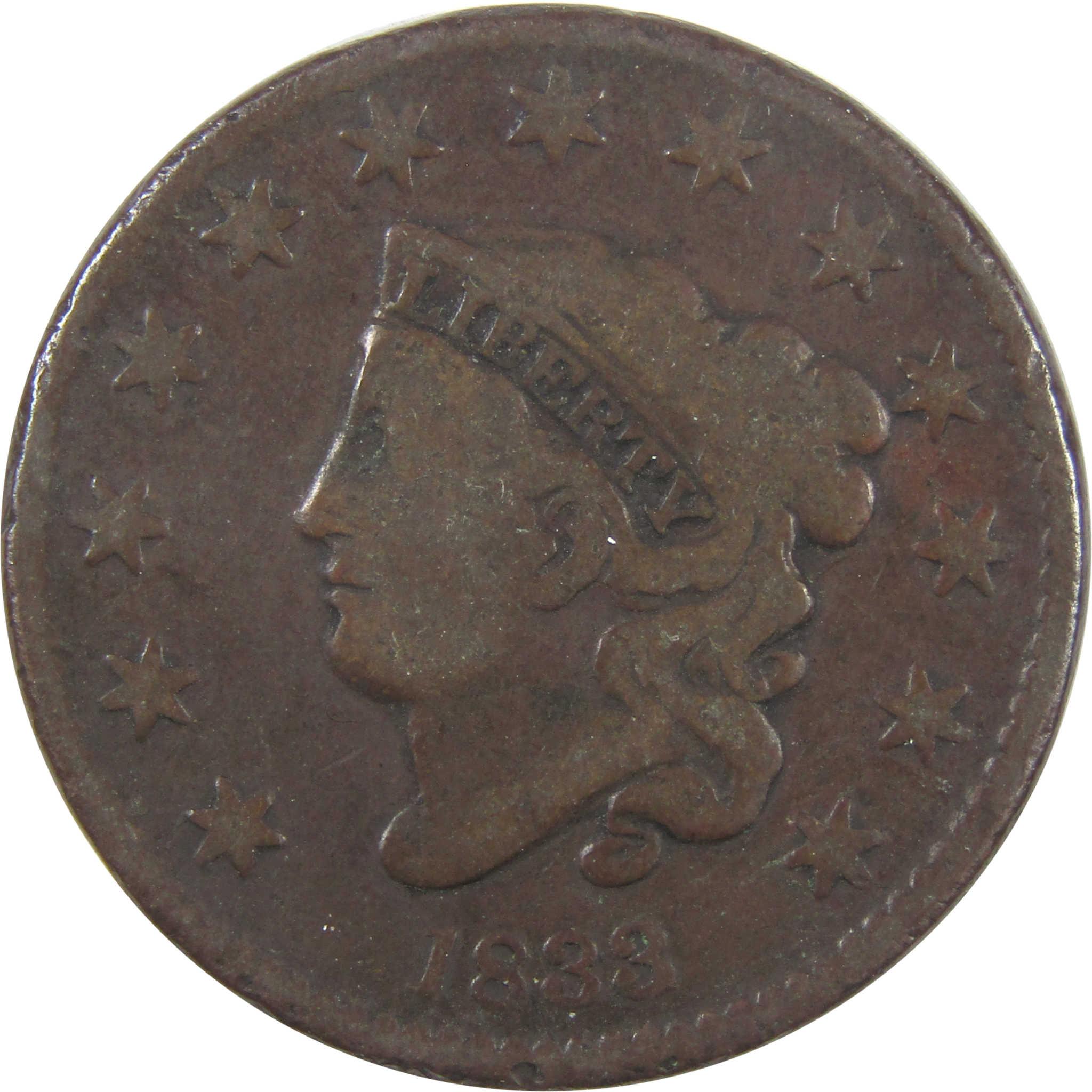 1833 Coronet Head Large Cent VG Very Good Copper Penny SKU:I17955