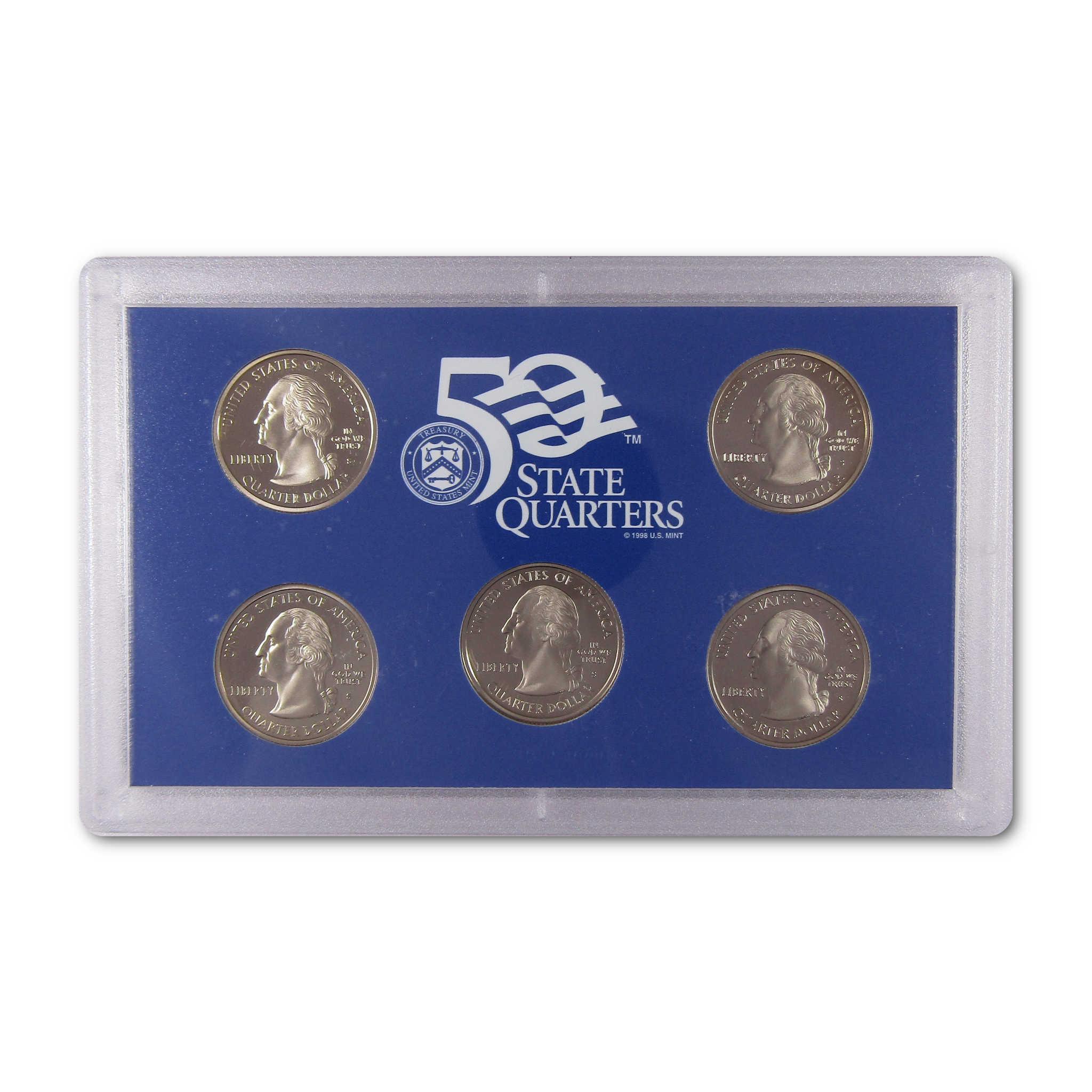50 State Quarters collectible coin set in clear plastic case, blue background