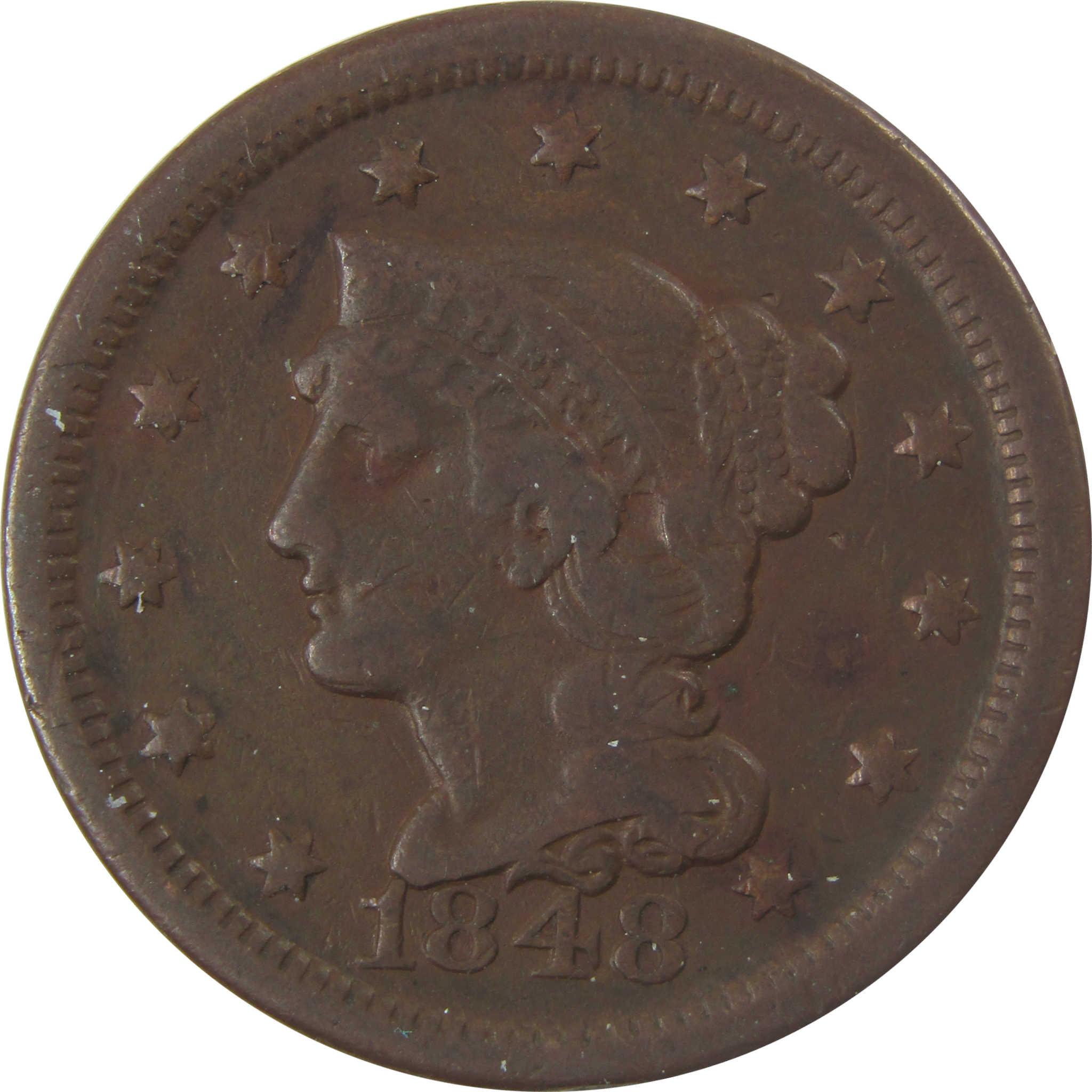 1848 Braided Hair Copper Large Cent F Fine Penny 1c Coin SKU:I25259
