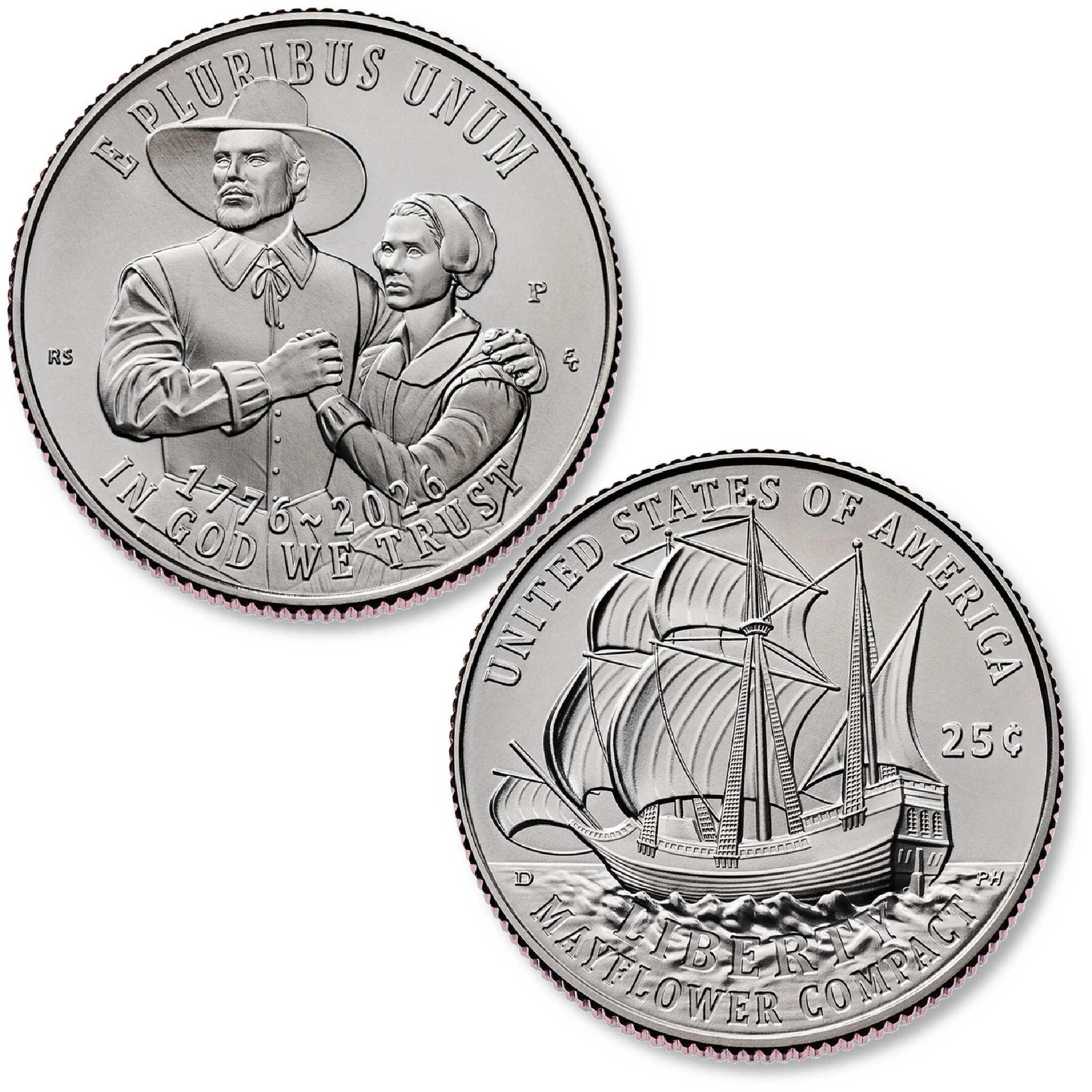 1776-2026 American 250th Anniversary Semiquincentennial Display Board with Mayflower & Revolutionary Quarters