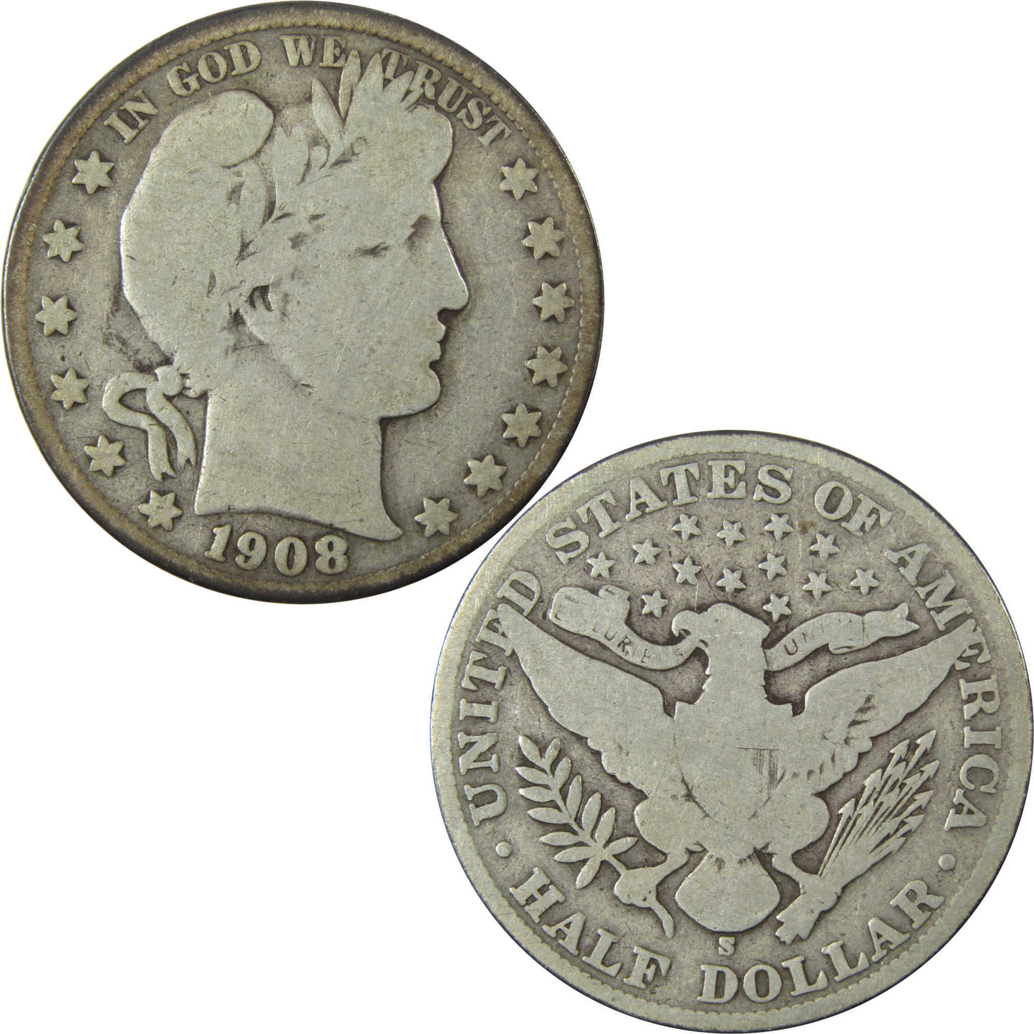 1908 S Barber Silver Half Dollar VG Very Good 50c CoinSKU:CP1476
