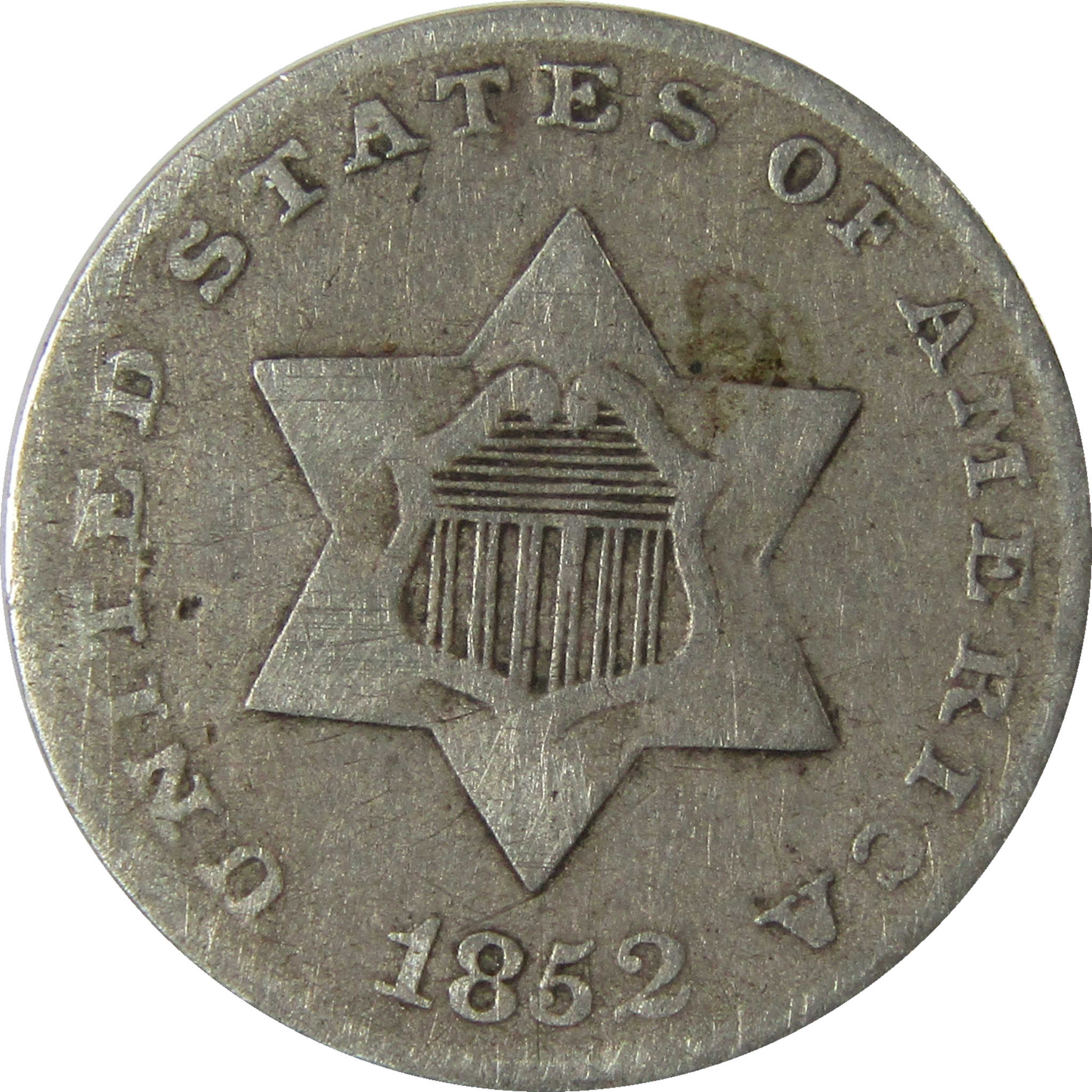 1852 Silver Three Cent Piece F Fine Details Trime 3c Coin SKU:I28240