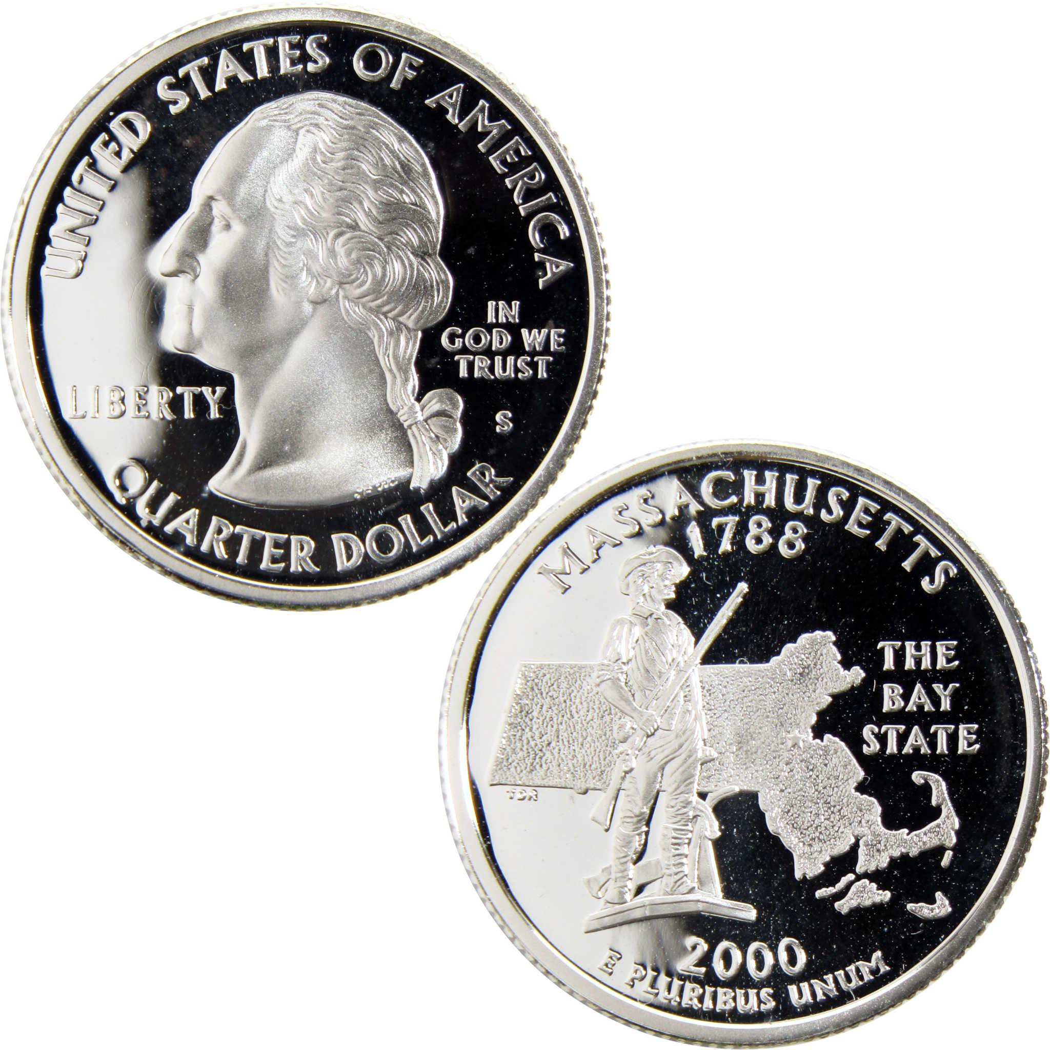 2000 Massachusetts state quarter, proof coin, with minuteman and state outline design