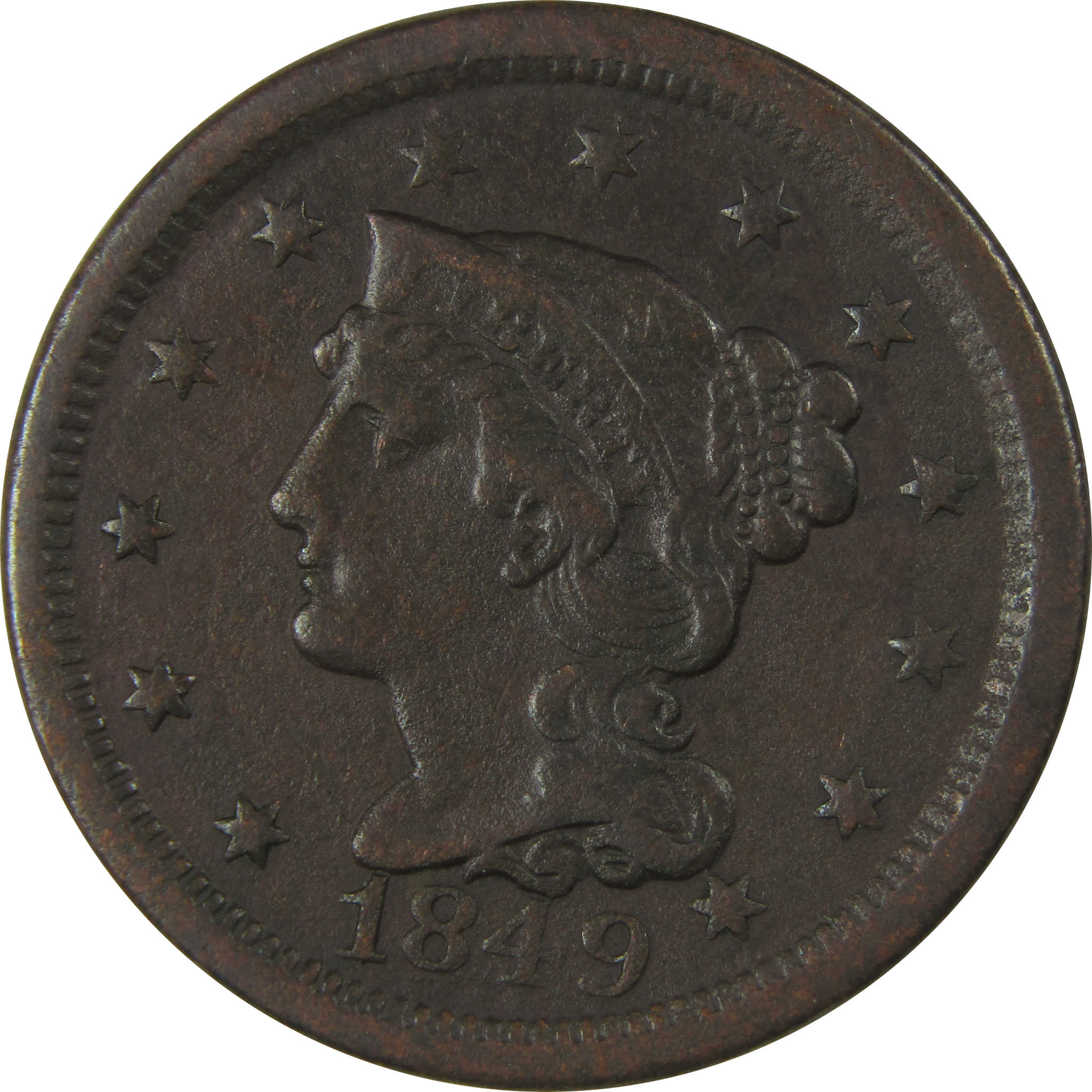 1849 Braided Hair Copper Large Cent VF Very Fine Details SKU:I23880