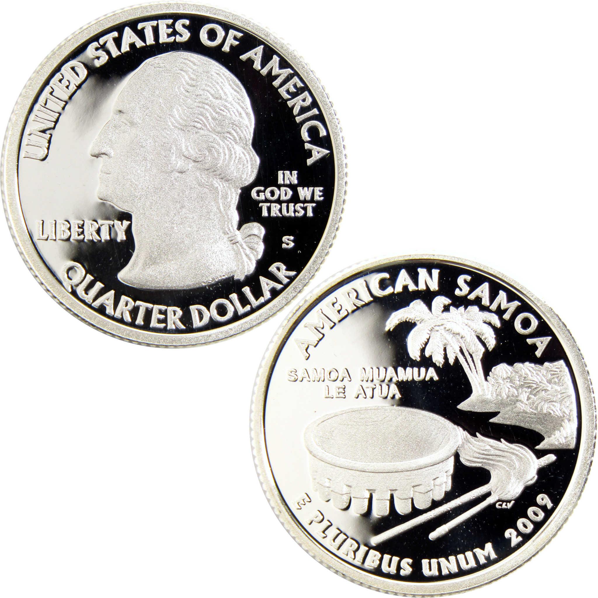American Samoa 2009 proof quarter collectible coin with George Washington and island scene