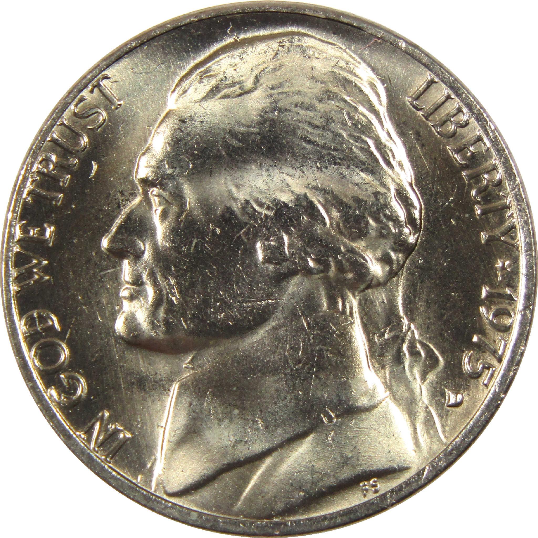 1975 Jefferson nickel coin obverse with Liberty and In God We Trust inscriptions
