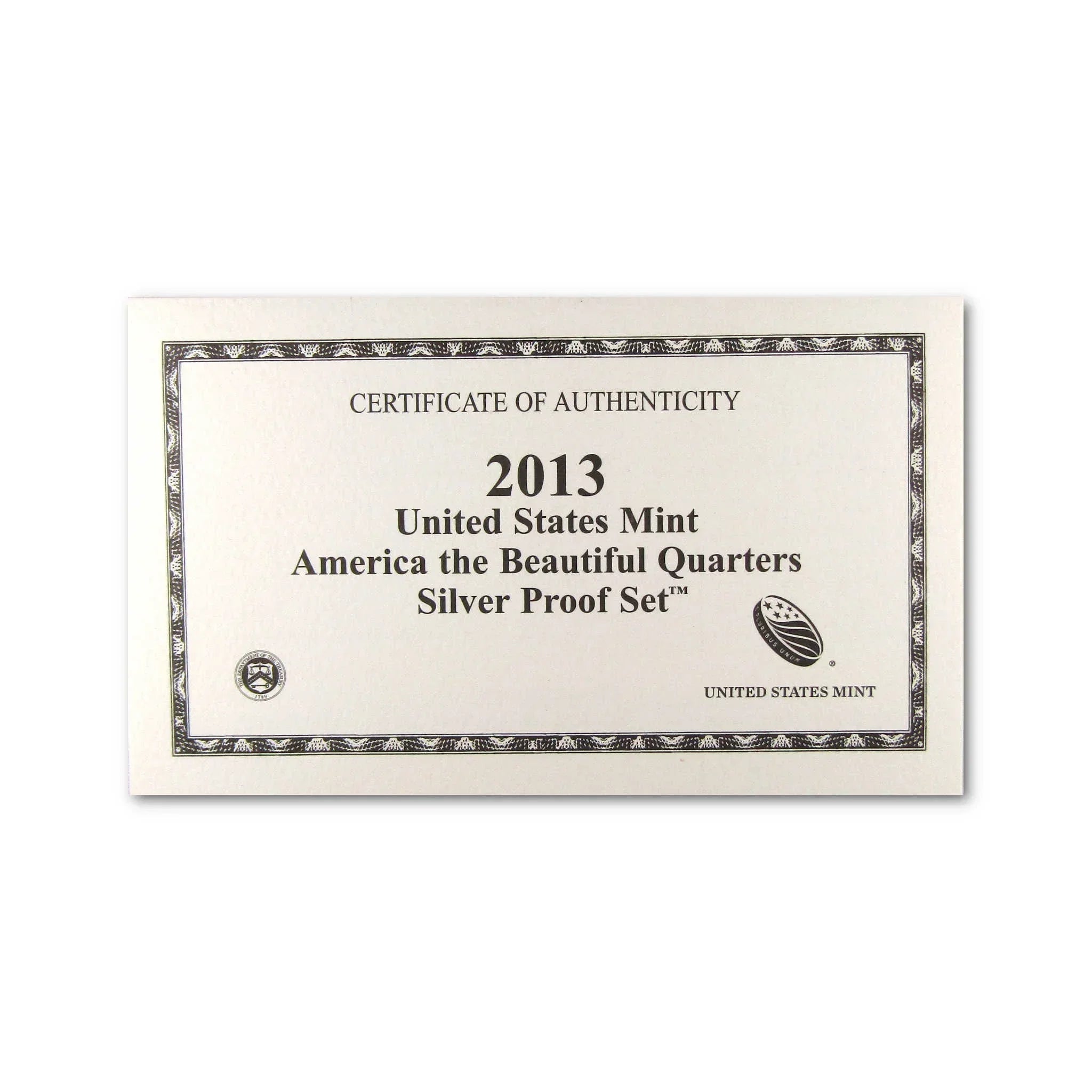 2013 United States Mint America the Beautiful Quarters Silver Proof Set certificate of authenticity