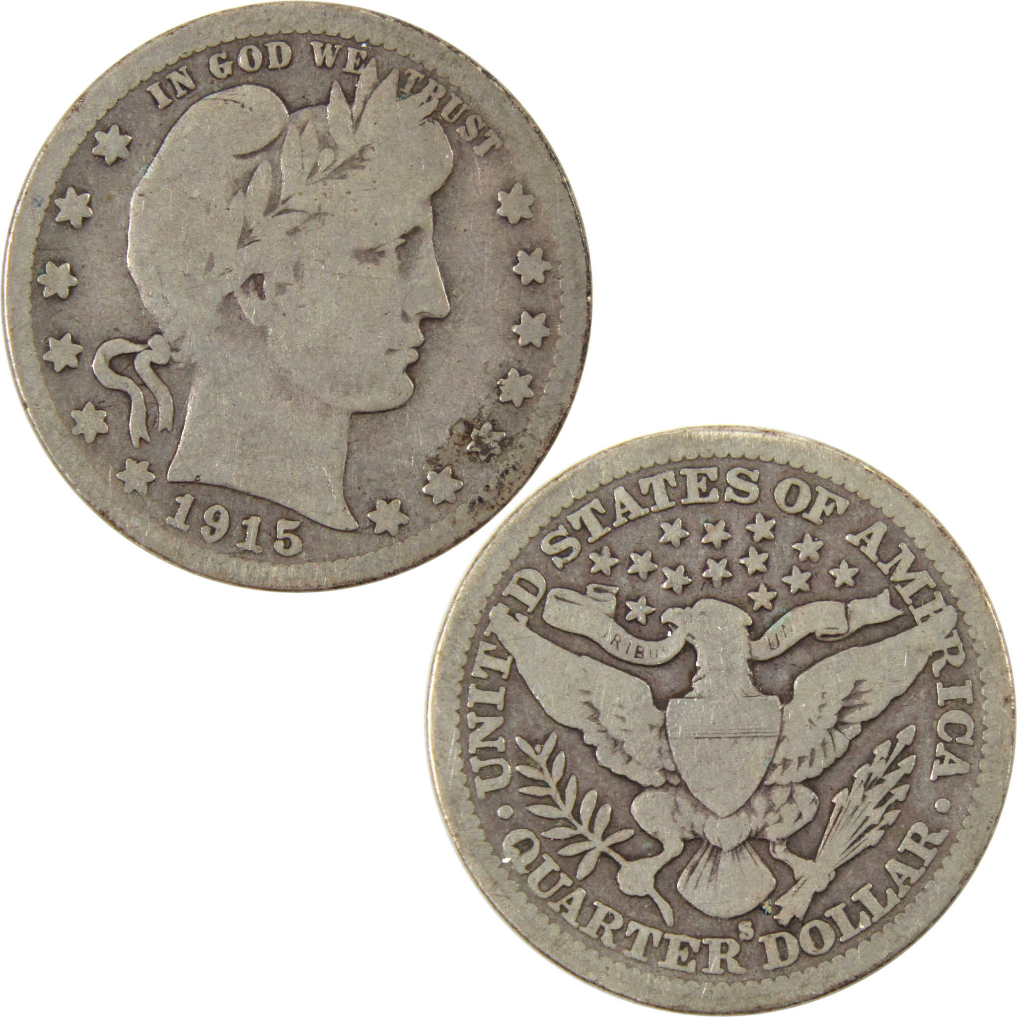 1915 S Barber Quarter VG Very Good 90% Silver 25c Coin SKU:I10106