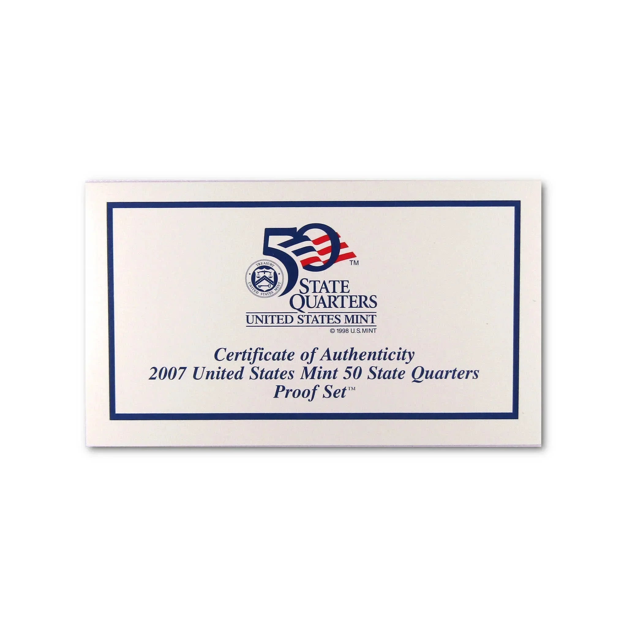 2007 US Mint 50 State Quarters Proof Set certificate of authenticity card