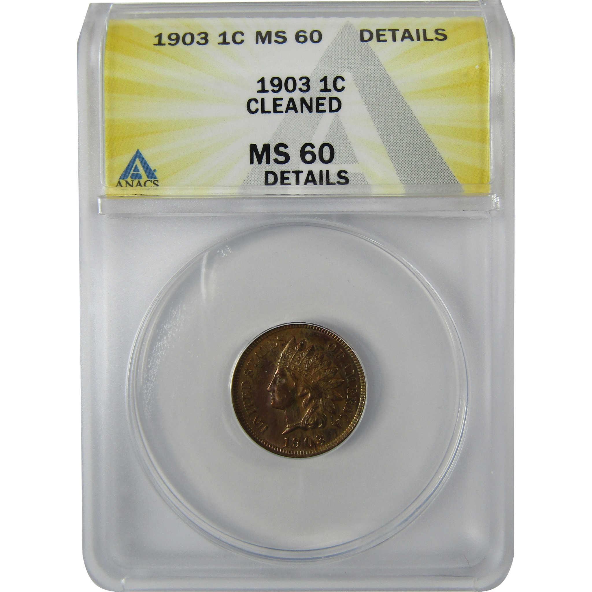 1903 Indian Head Cent MS 60 Details ANACS Penny Uncirculated SKU:CP792