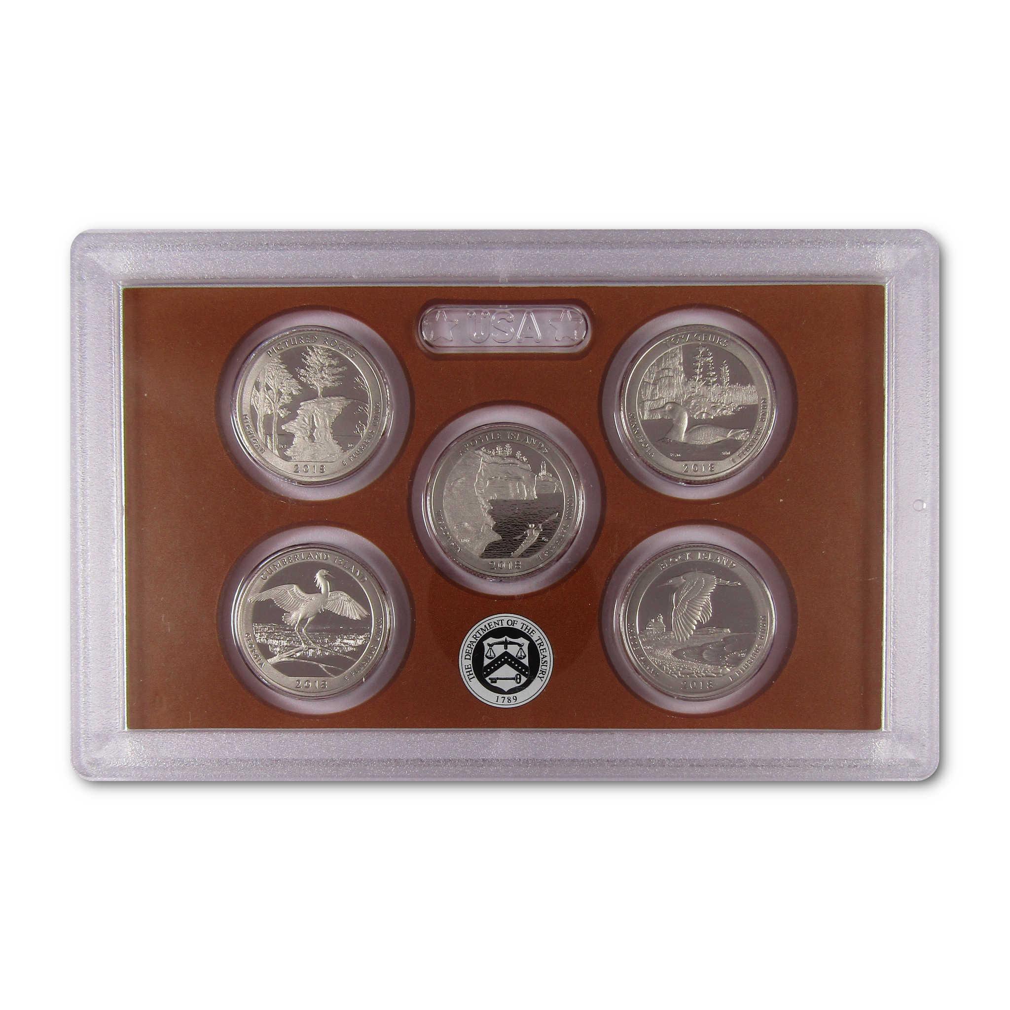 2018 US mint silver proof coin set in protective plastic display case, five coins visible