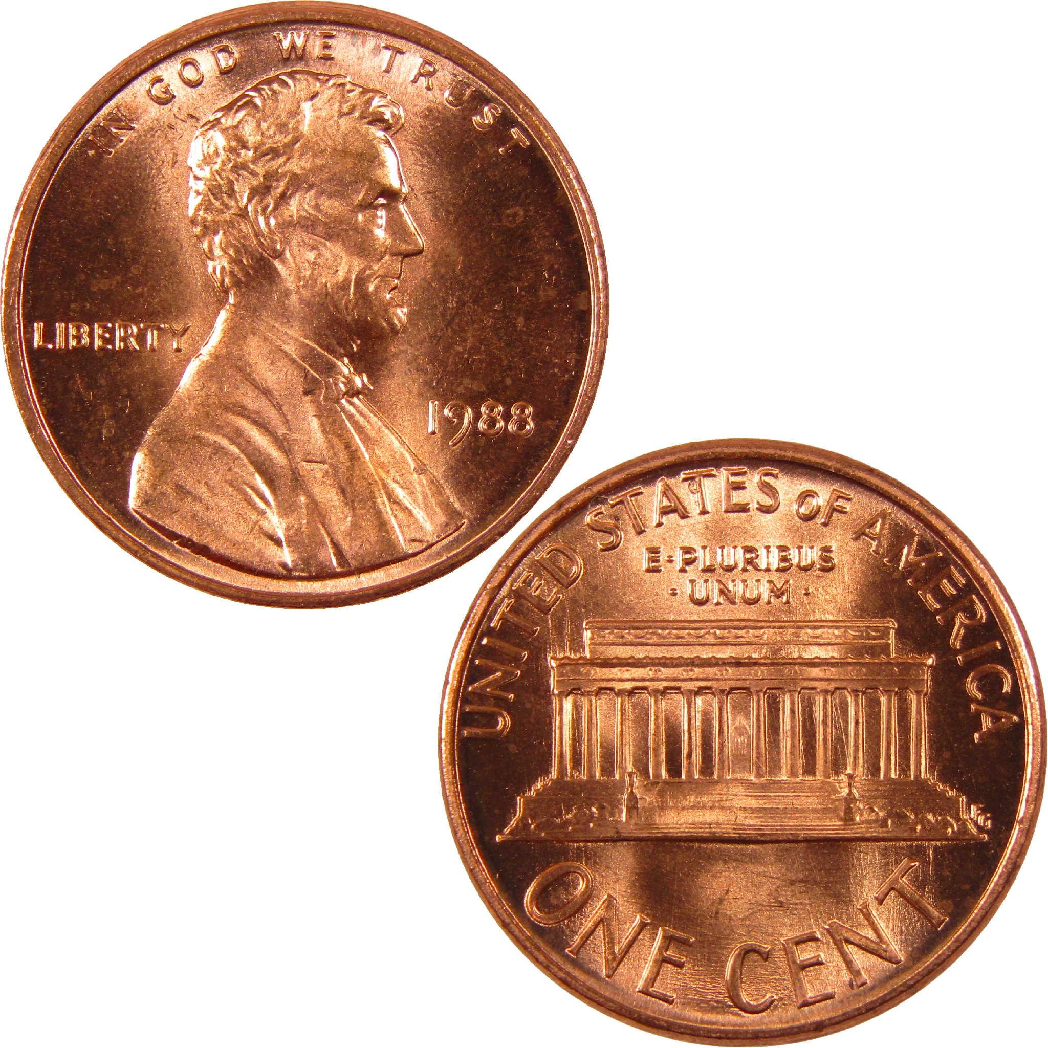 1988 Lincoln Memorial one cent coin, collectible copper penny, obverse and reverse sides