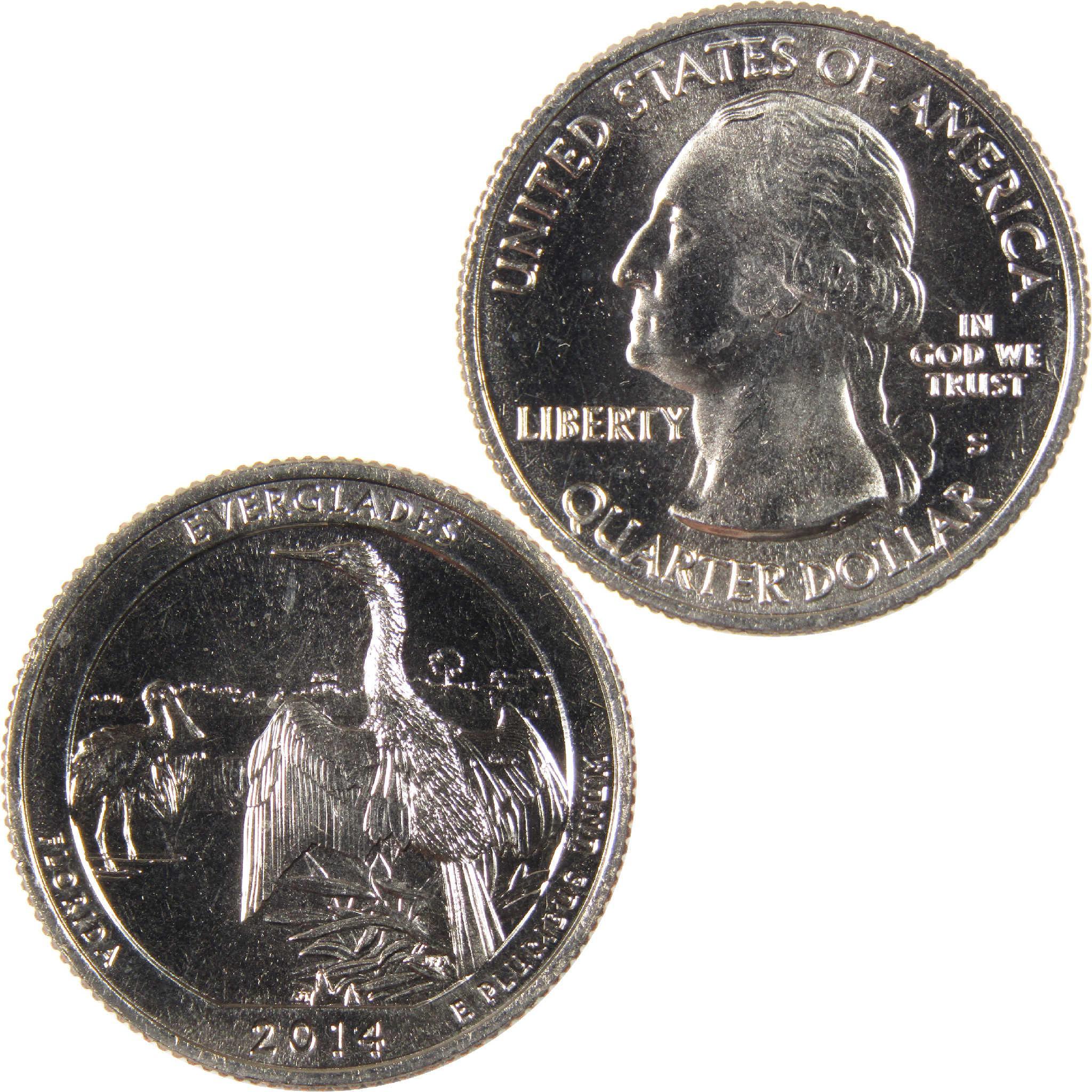 2014 Everglades Florida quarter dollar collectible coin, obverse and reverse sides