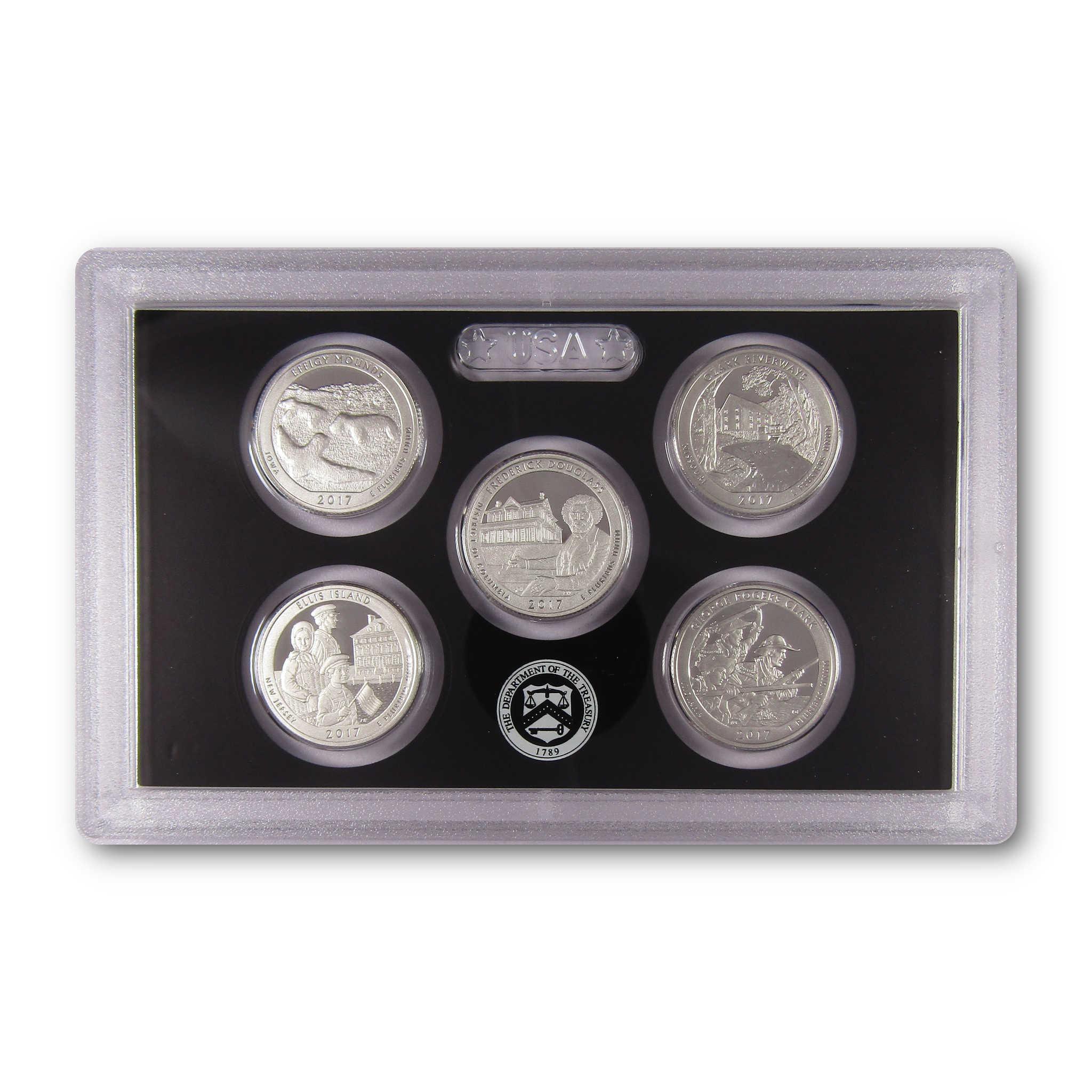 2017 US collectible coin set in protective display case, featuring five detailed coins