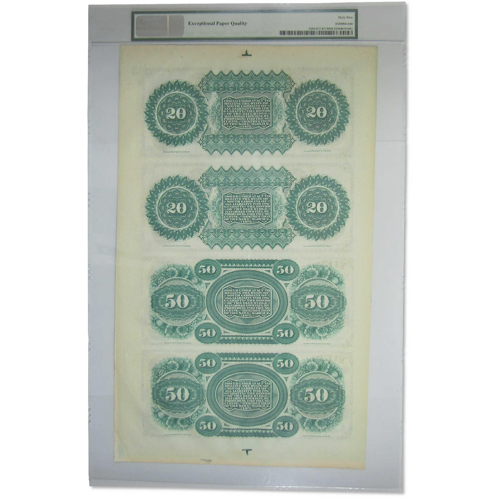 1872 $20/$50 South Carolina Uncut Sheet Gem Unc 65 EPQ PMG SKU:CPC9599