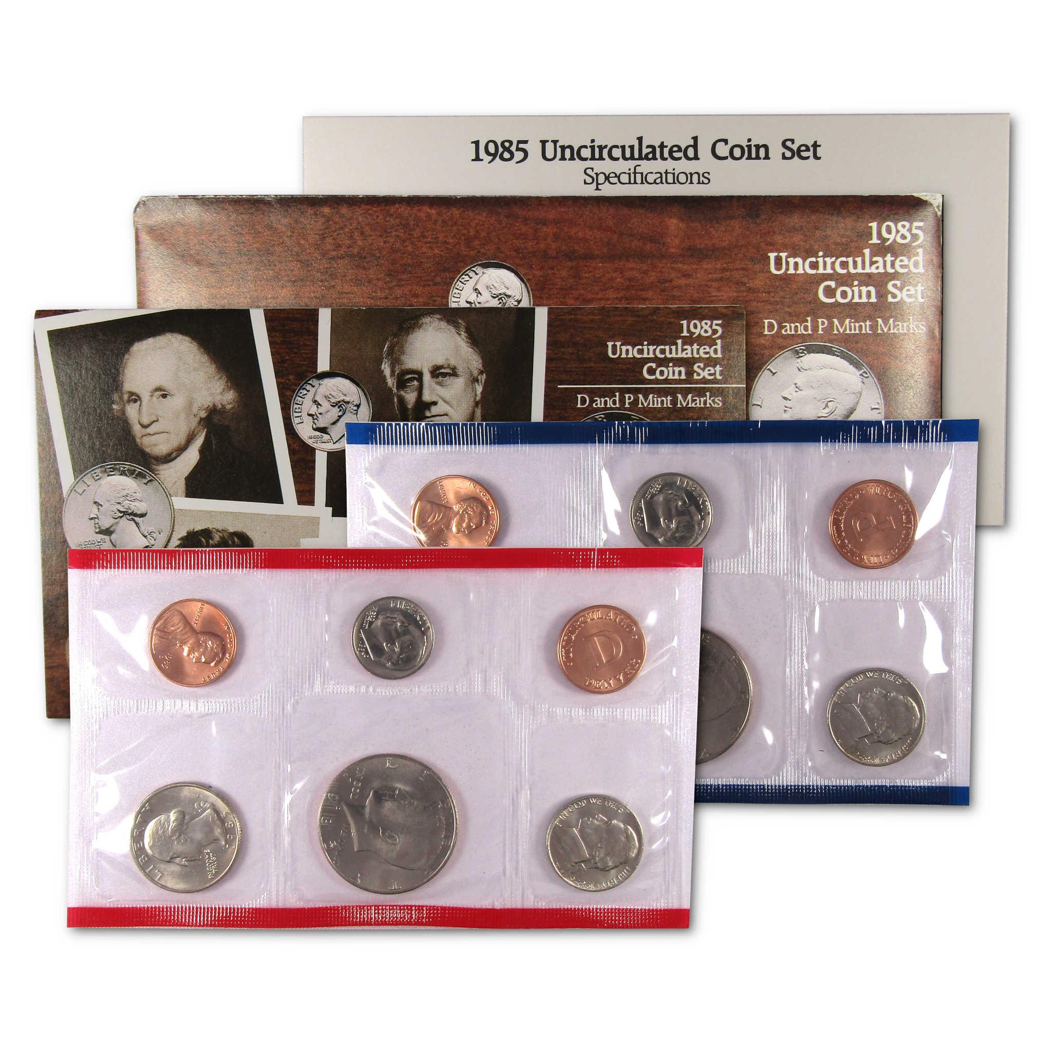 1985 uncirculated US coin set in original packaging with D and P mint marks shown