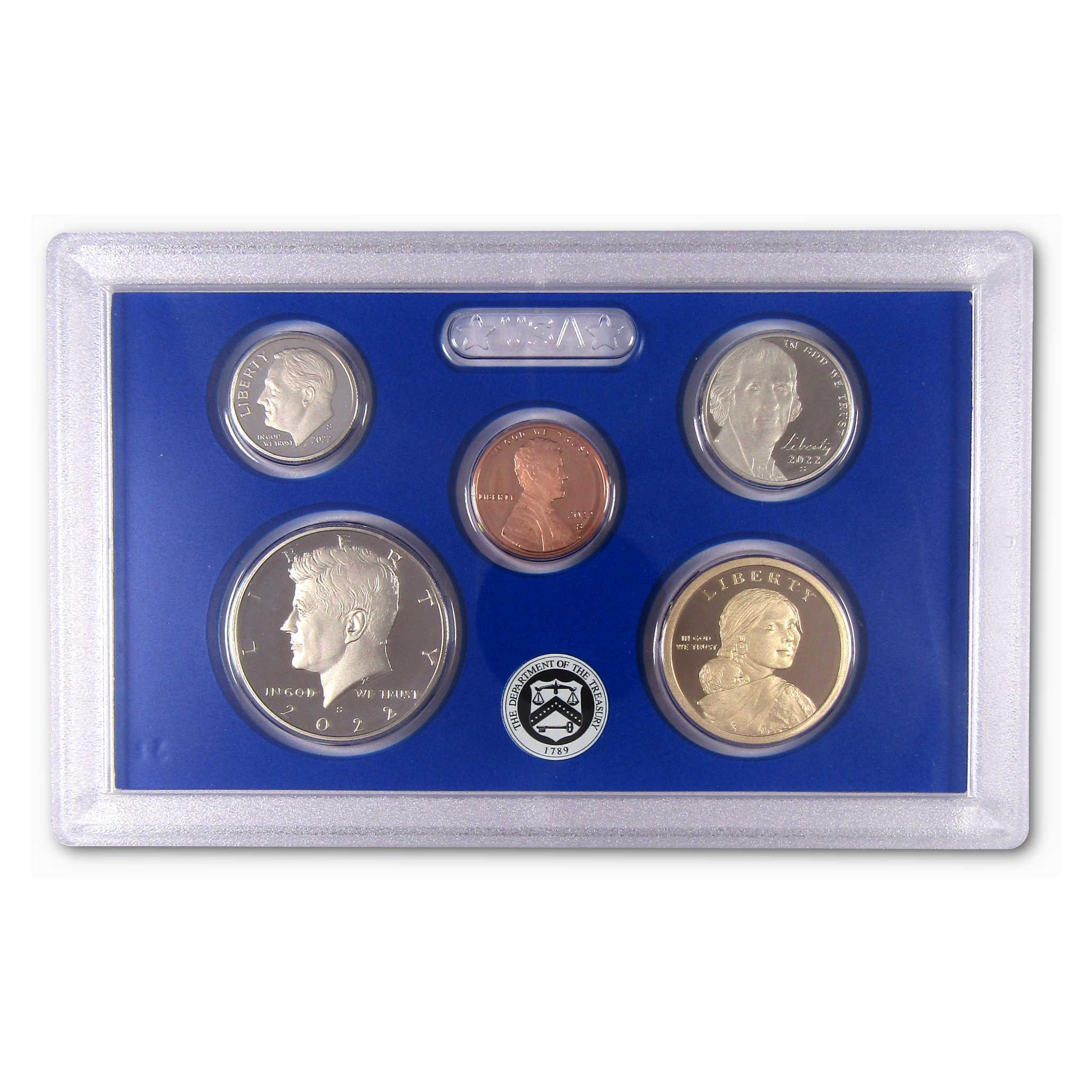 United States proof coin set in display case, featuring Kennedy half dollar, quarter, dime, nickel, penny, and Sacagawea dollar.