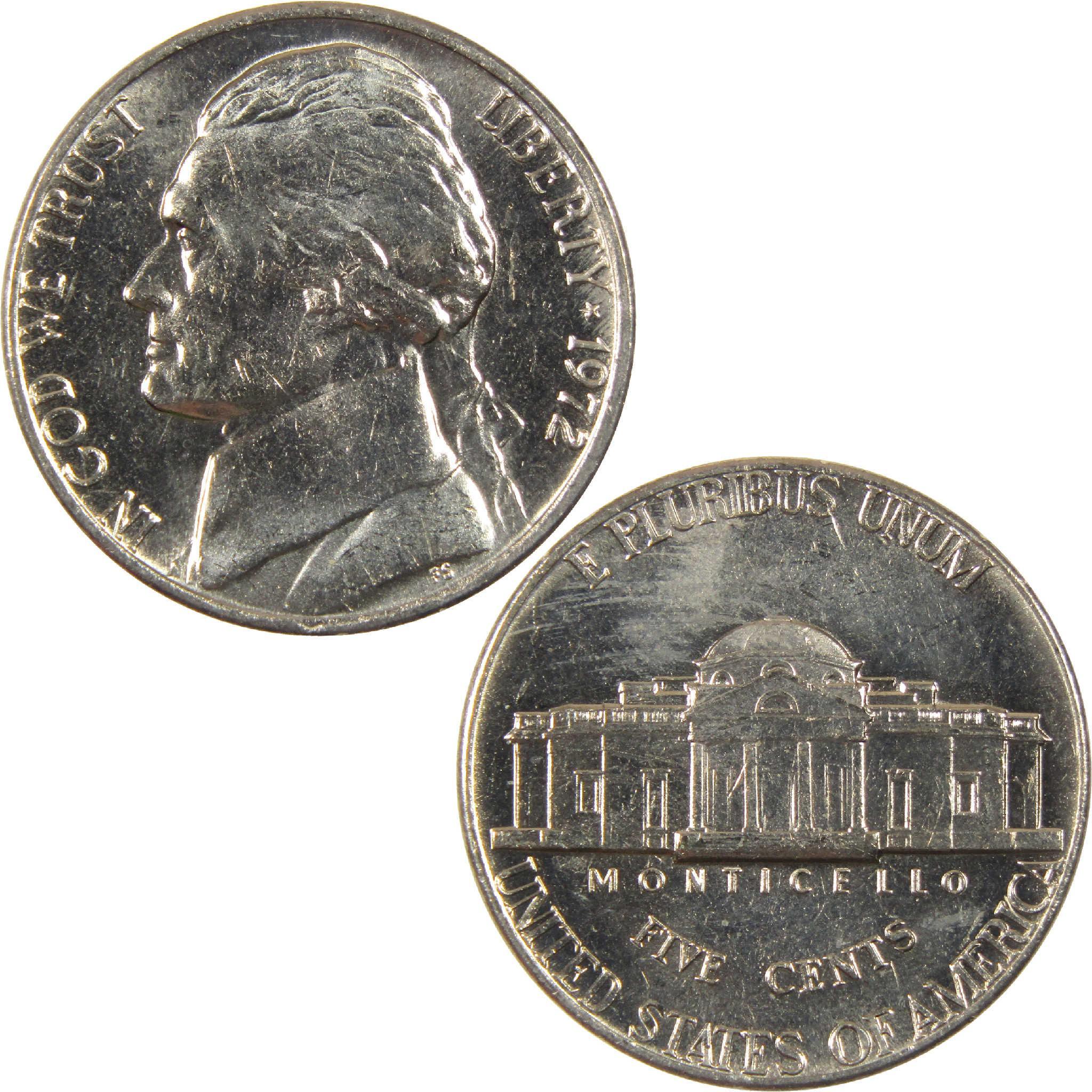1972 Jefferson nickel coin, obverse with portrait and reverse with Monticello, collectible US coin
