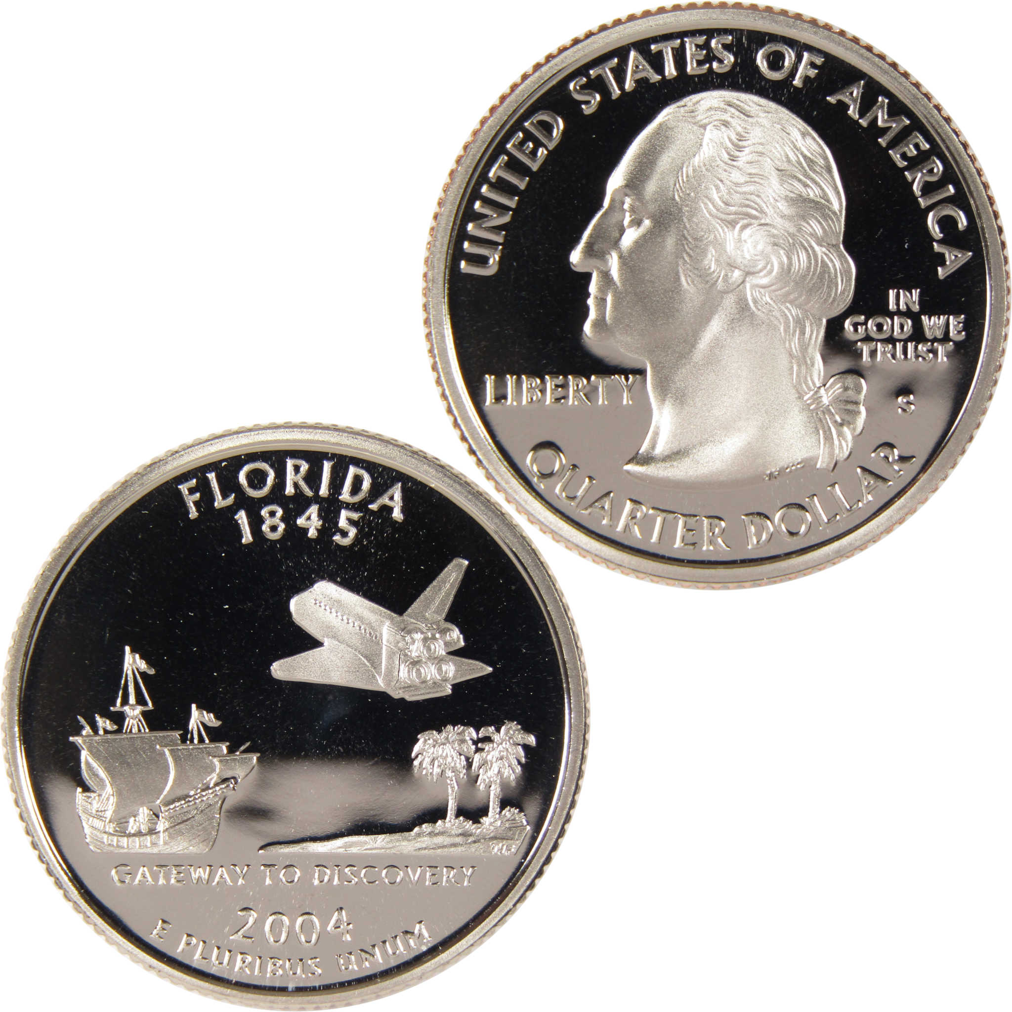 2004 Florida state quarter collectible coin featuring a ship, space shuttle, and palm trees