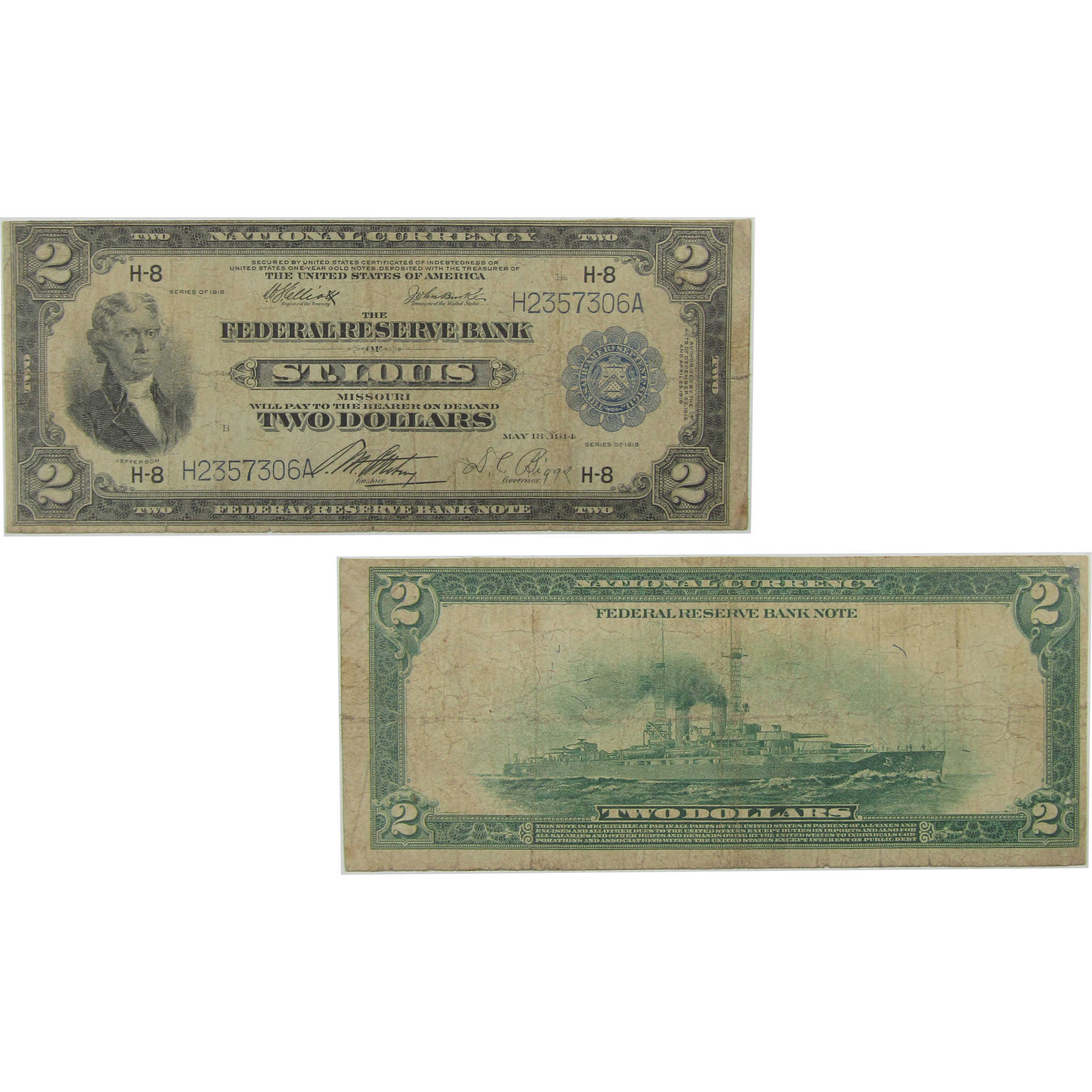 1918 $2 Federal Reserve Bank Note Saint Louis MO Very Good SKU:I23177