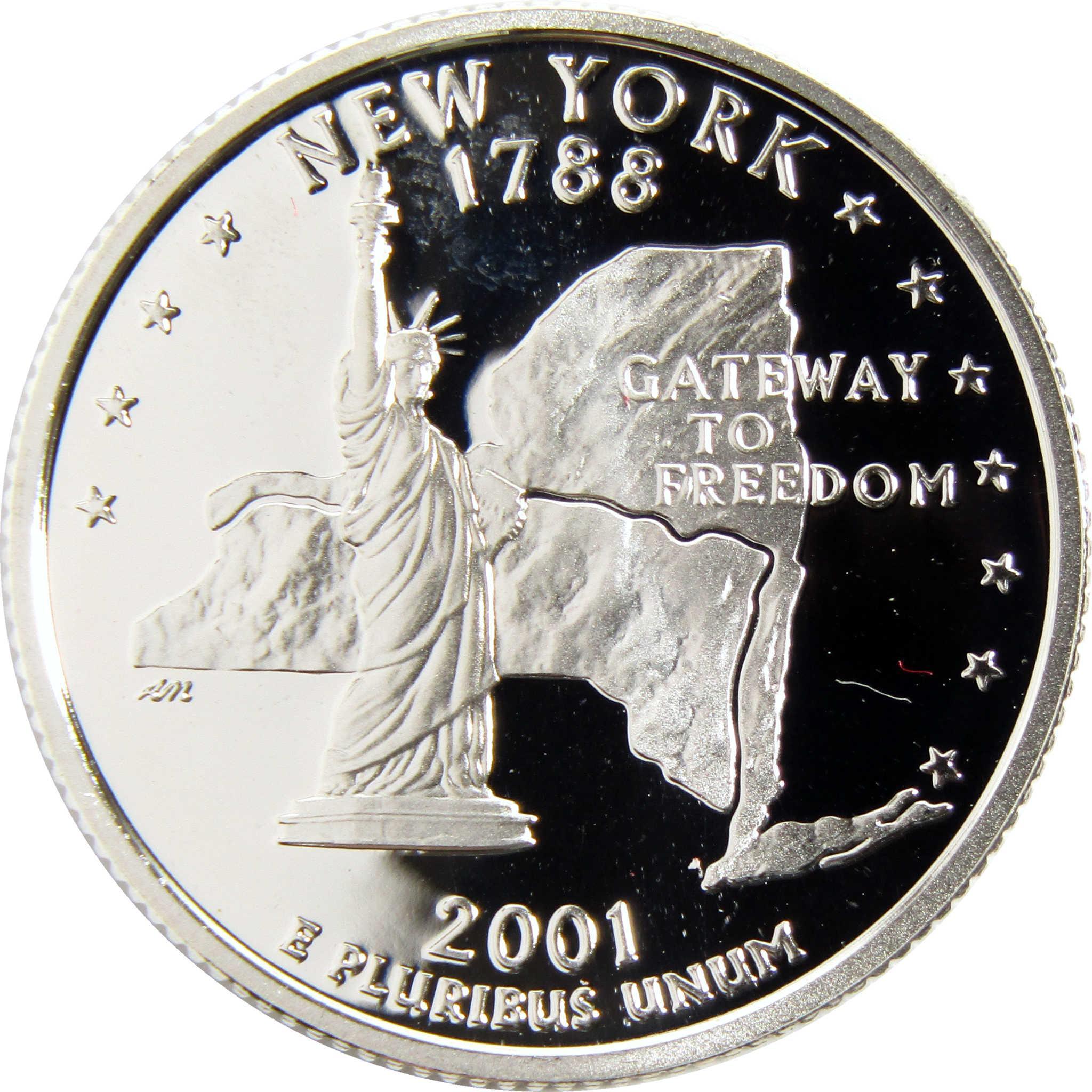 New York 1788 commemorative coin featuring Statue of Liberty, state outline, and 2001 date.