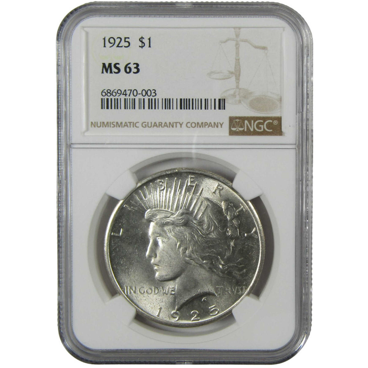 1925 Peace Silver Dollar MS 63 NGC Uncirculated $1 Coin Collectible