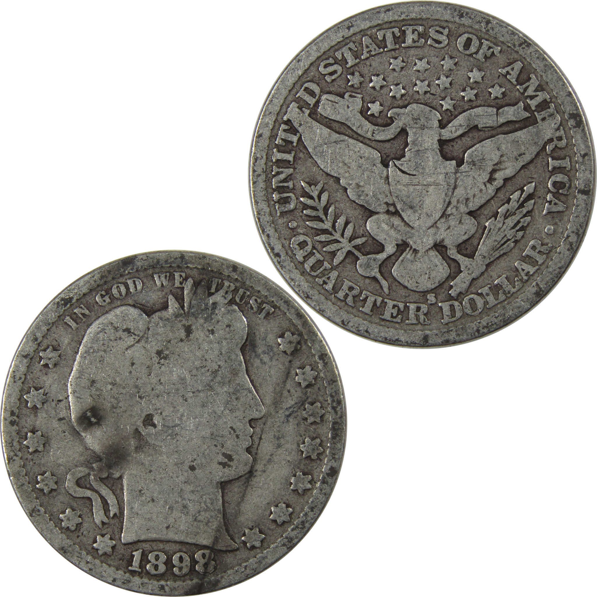 1898 S Barber Quarter G Good Details Silver 25c Coin Toned SKU:I23718