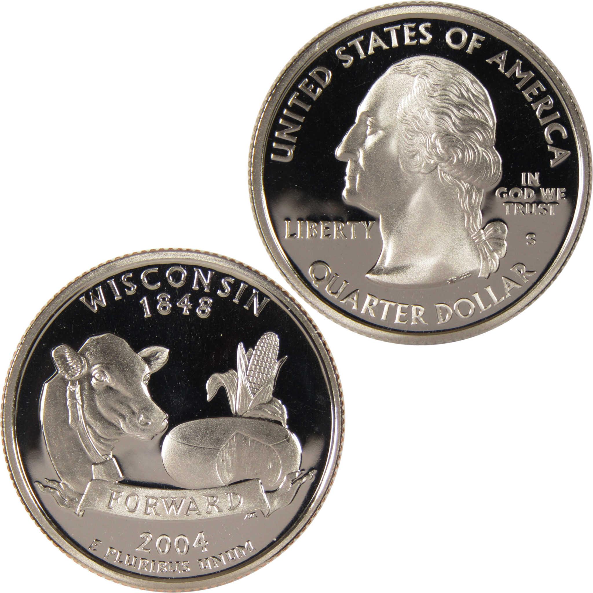 2004 Wisconsin state quarter, featuring George Washington and dairy, corn, and cheese designs