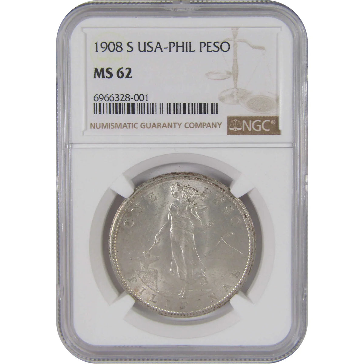 1908 S U.S. Philippines Peso MS 62 NGC Silver Uncirculated SKU:CPC9806