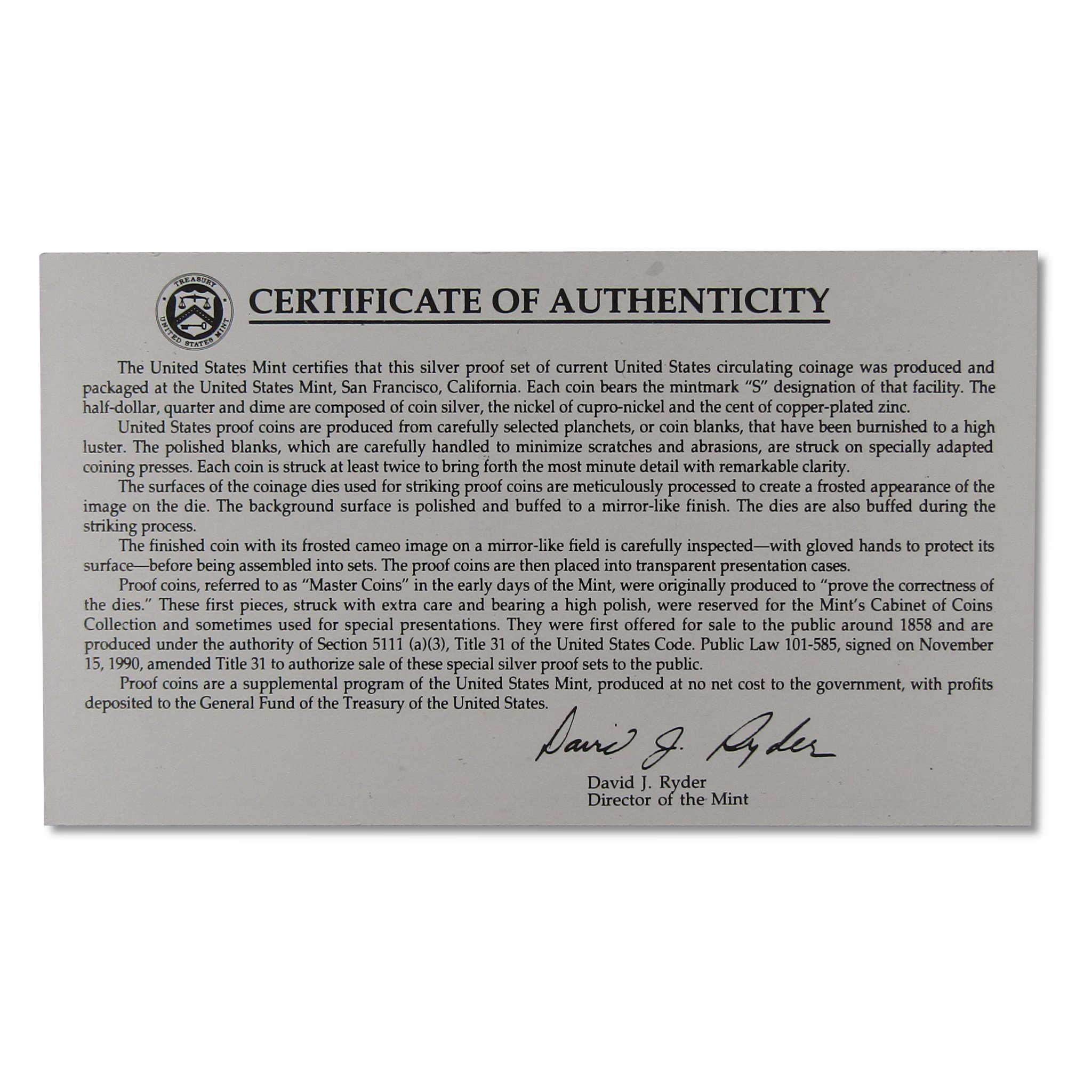 United States Mint certificate of authenticity for proof set coins, official document with signature