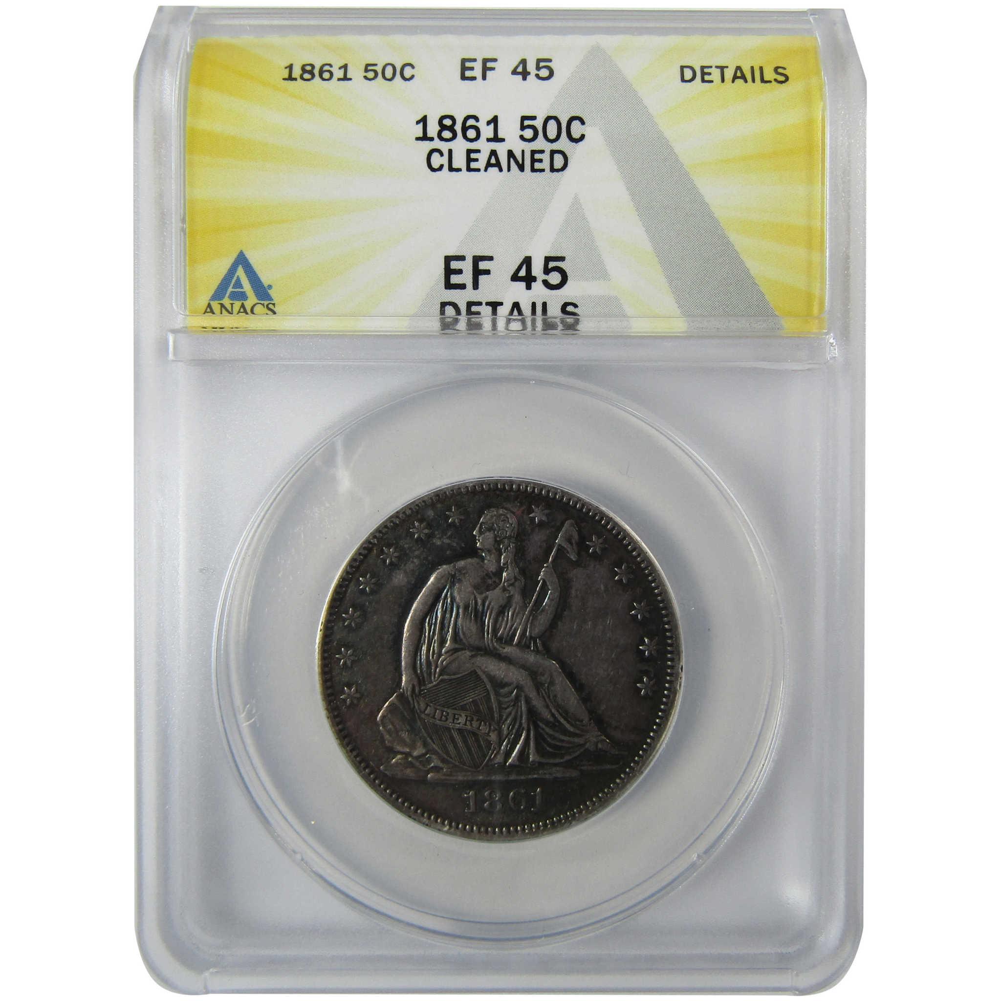 1861 Seated Liberty Silver Half Dollar EF 45 Details ANACS SKU:CP812