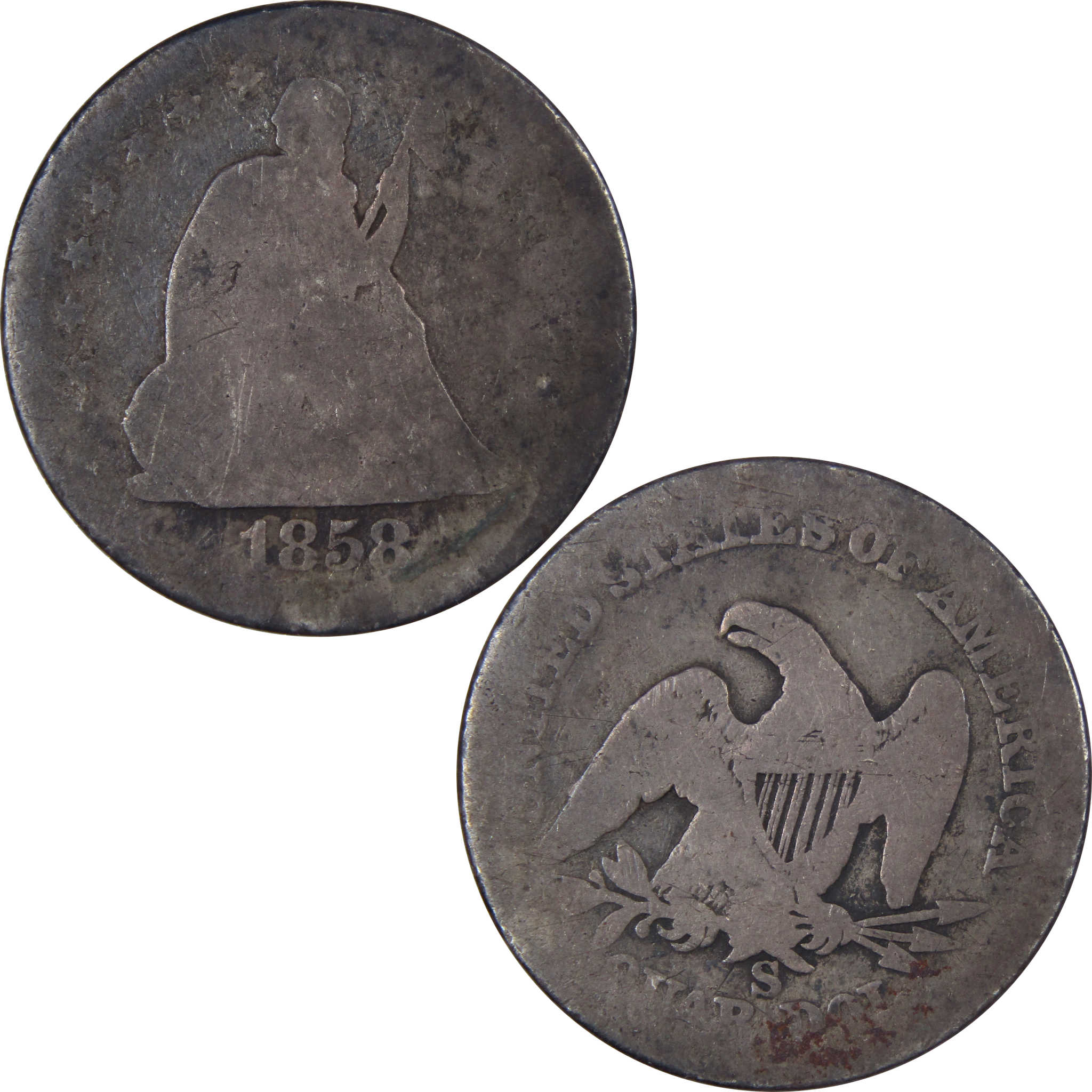 1858 S Seated Liberty Quarter AG About Good 90% Silver 25c SKU:IPC8135