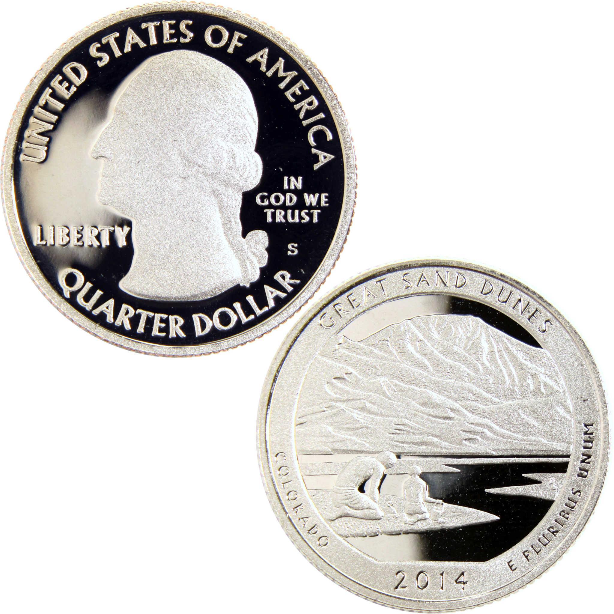 2014 Great Sand Dunes Colorado proof quarter, collectible coin with mountain and family design
