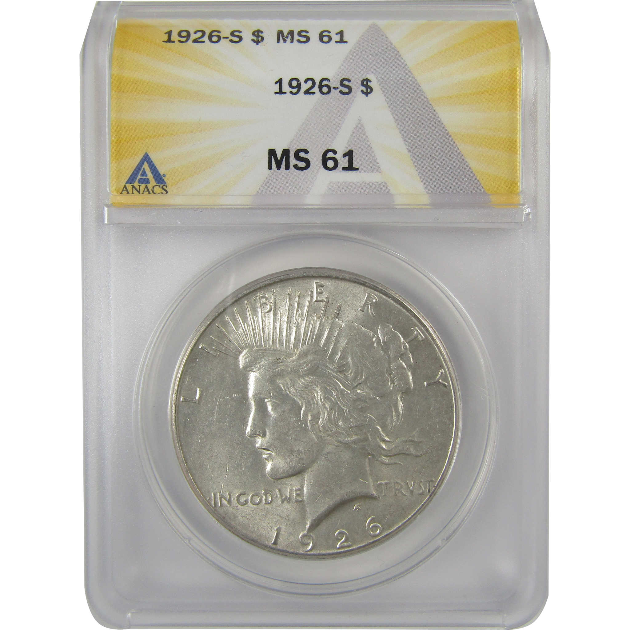1926 S Peace Dollar MS 61 ANACS Silver Uncirculated $1 Coin SKU:I20896