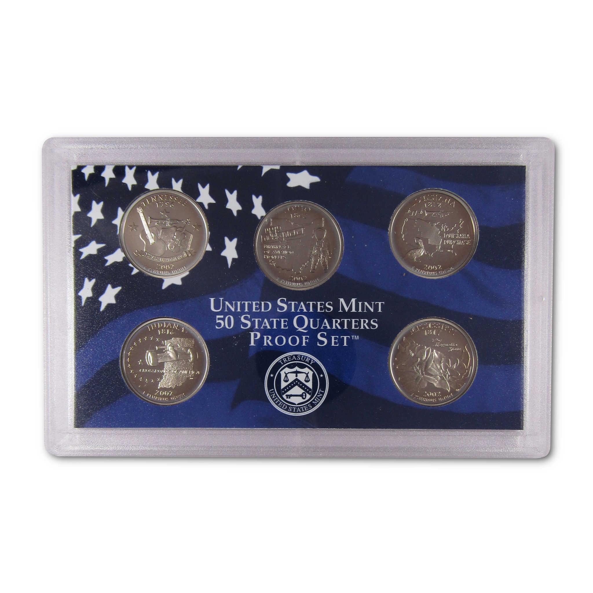 United States Mint 50 State Quarters Proof Set in display case, collectible coins