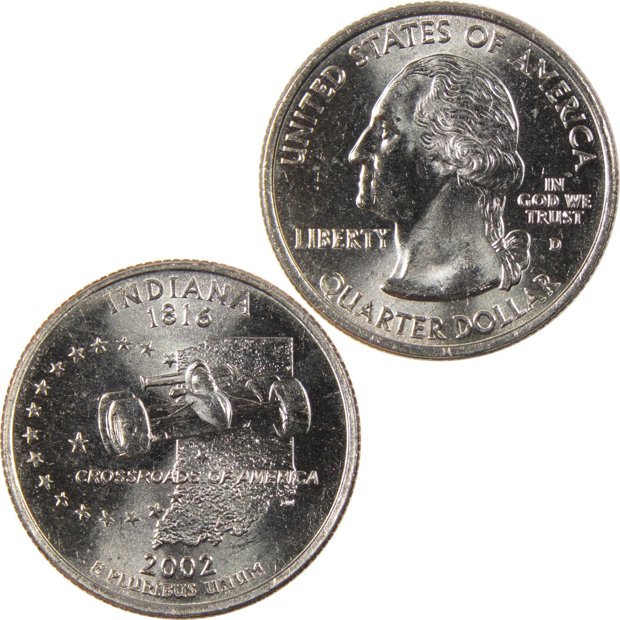 2002 Indiana state quarter dollar collectible coin, obverse and reverse sides shown.