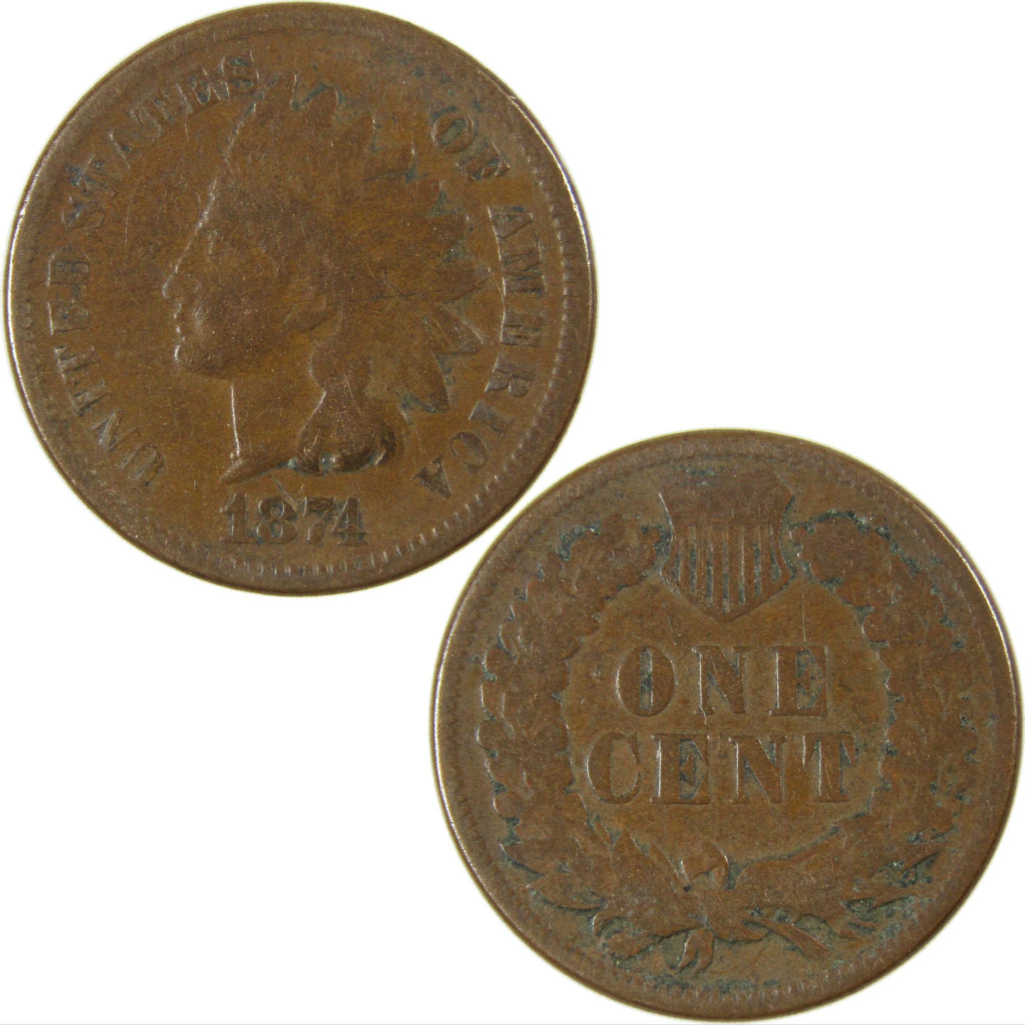 1874 Indian Head Cent G Good Penny 1c Coin Collectible SKU:I26414