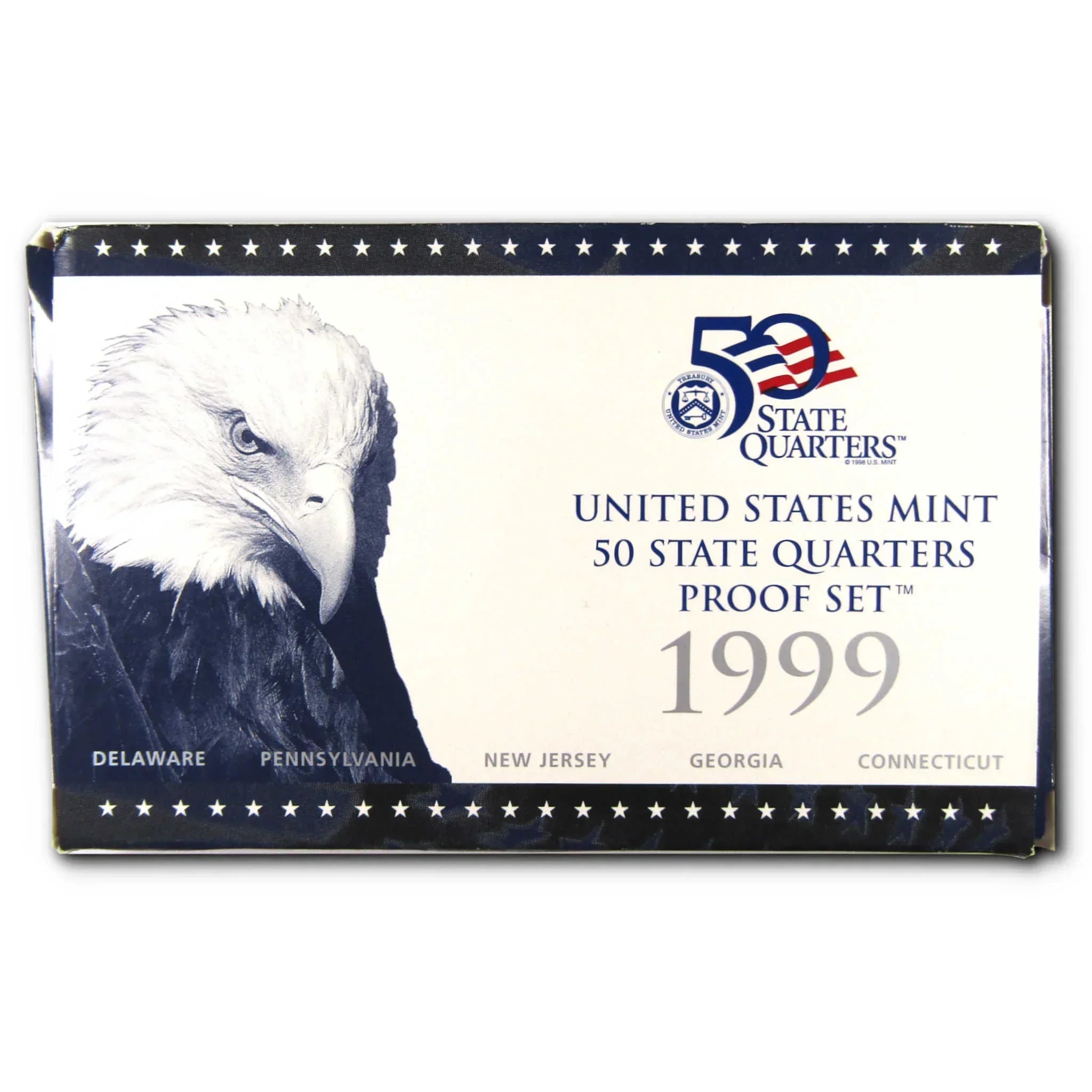 1999 United States Mint 50 State Quarters proof set box with bald eagle and state names