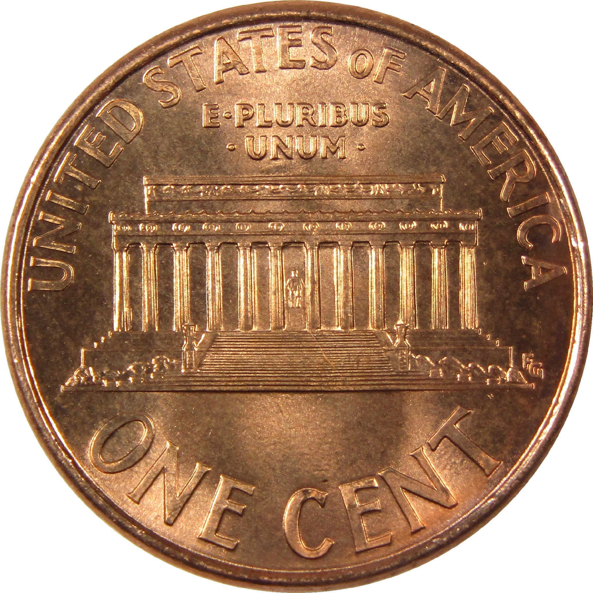 Reverse side of a Lincoln Memorial US one cent coin, copper collectible currency