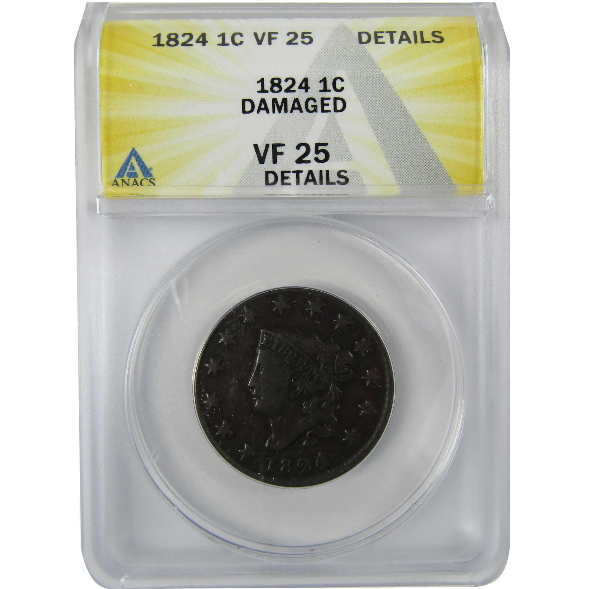 1824 Coronet Head Copper Large Cent VF 25 Details ANACS PennySKU:CP624