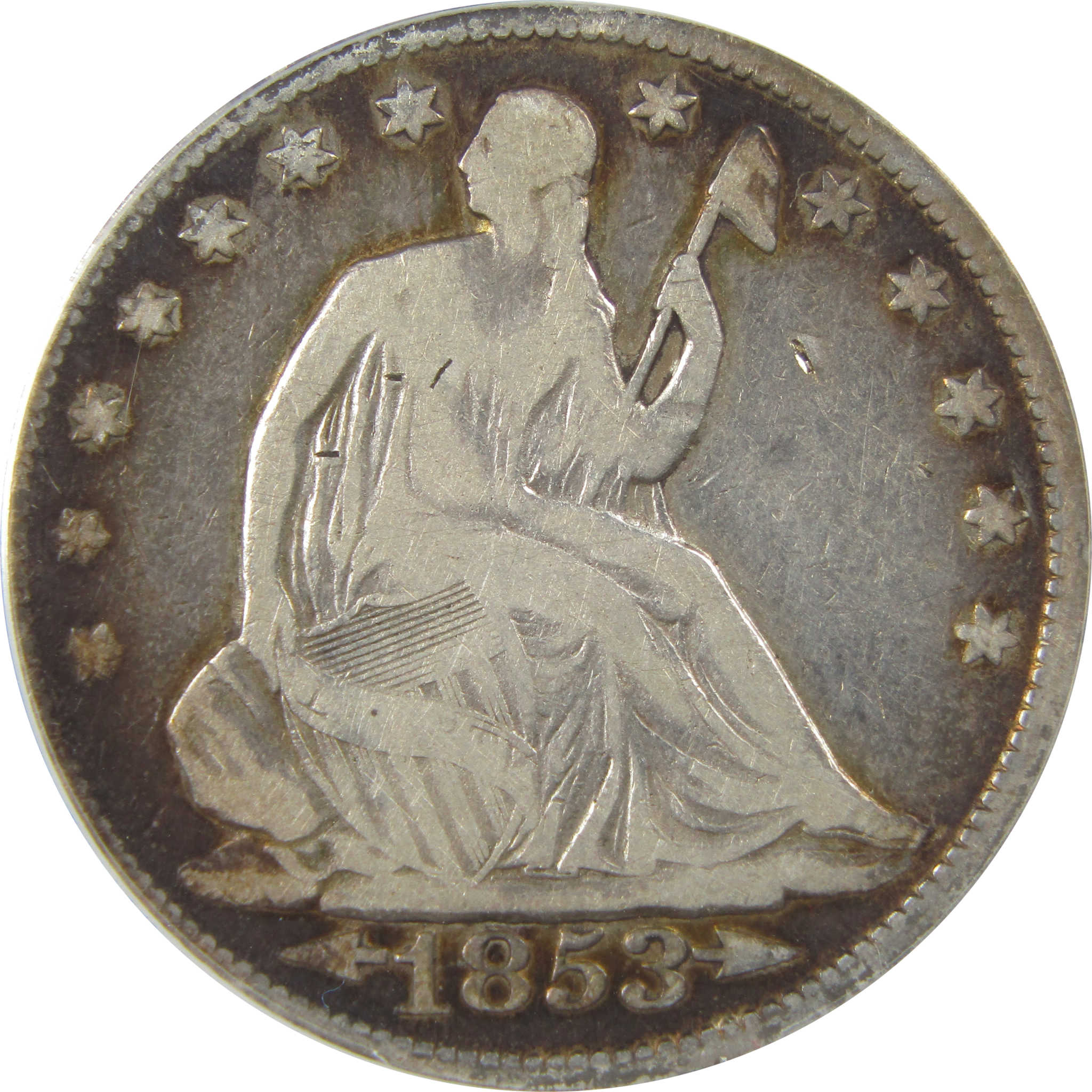 1853 Arrows Rays Seated Liberty 50C F 12 Details ANACS SKU:I22337
