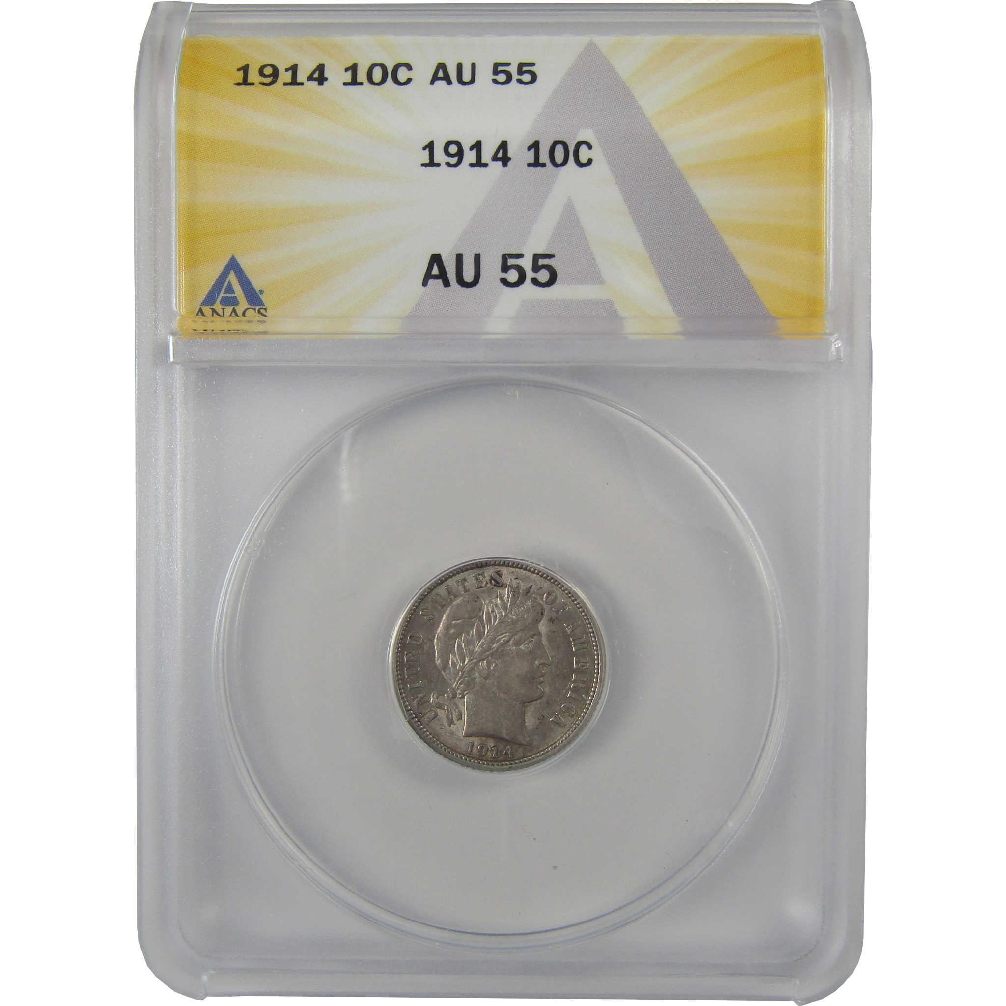 1914 Barber Dime AU 55 ANACS Silver 10c Coin SKU:CPC0840