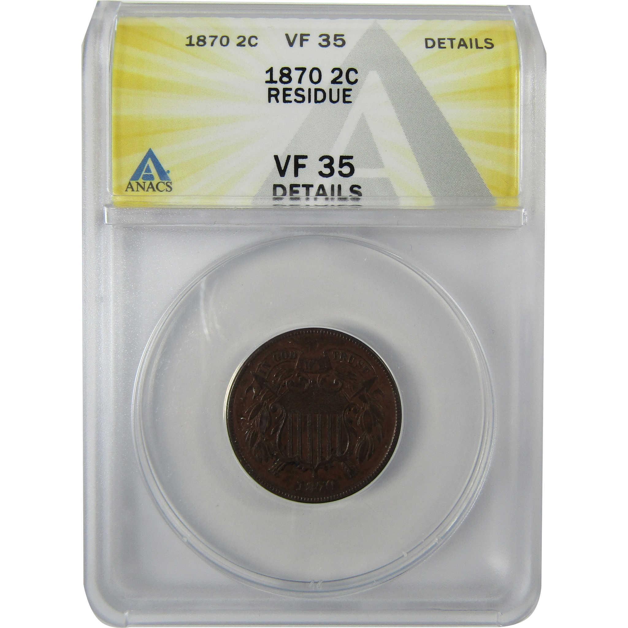 1870 Two Cent Piece VF 35 Details ANACS 2c Coin SKU:CP633