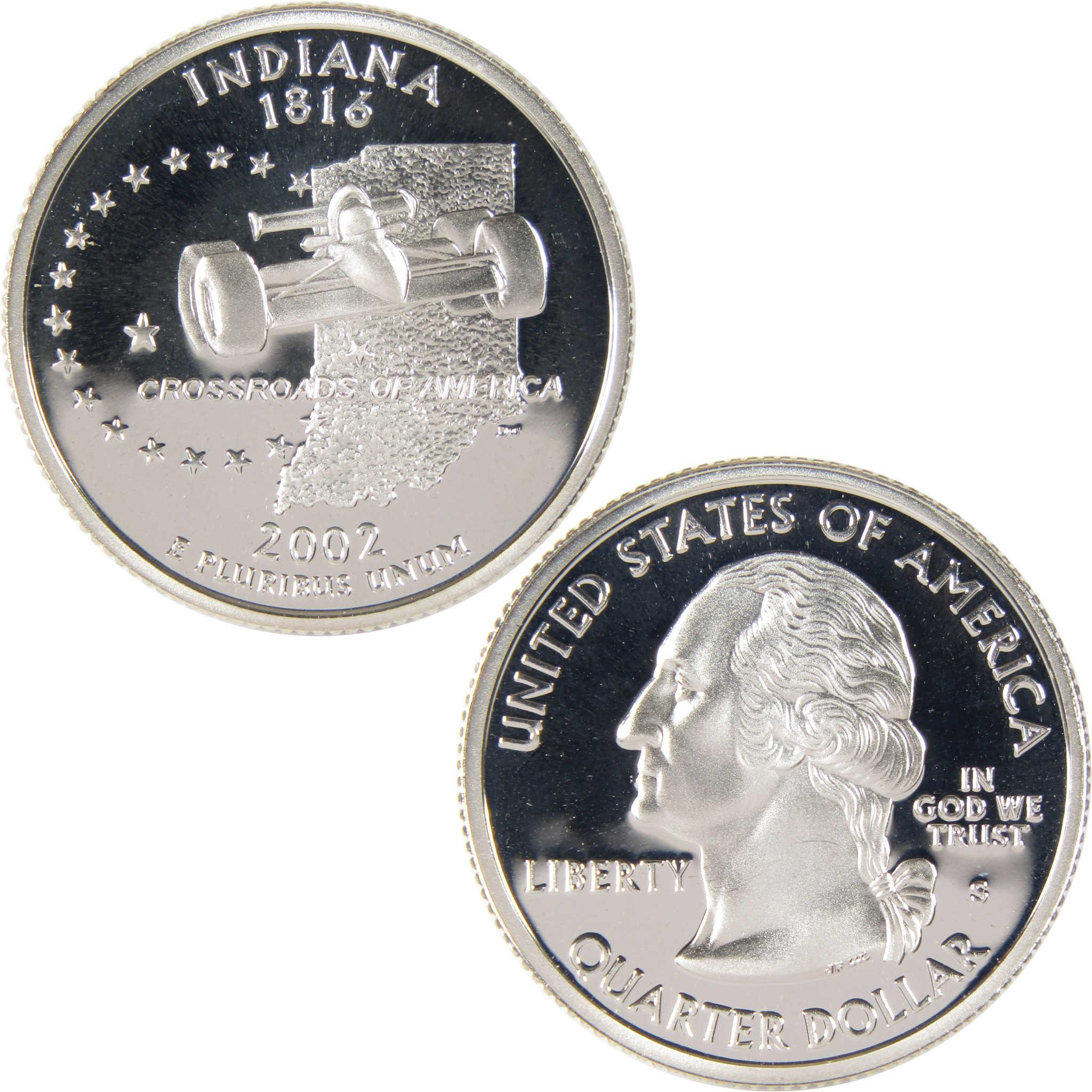 2002 Indiana state quarter collectible coin, featuring racecar and George Washington profile.