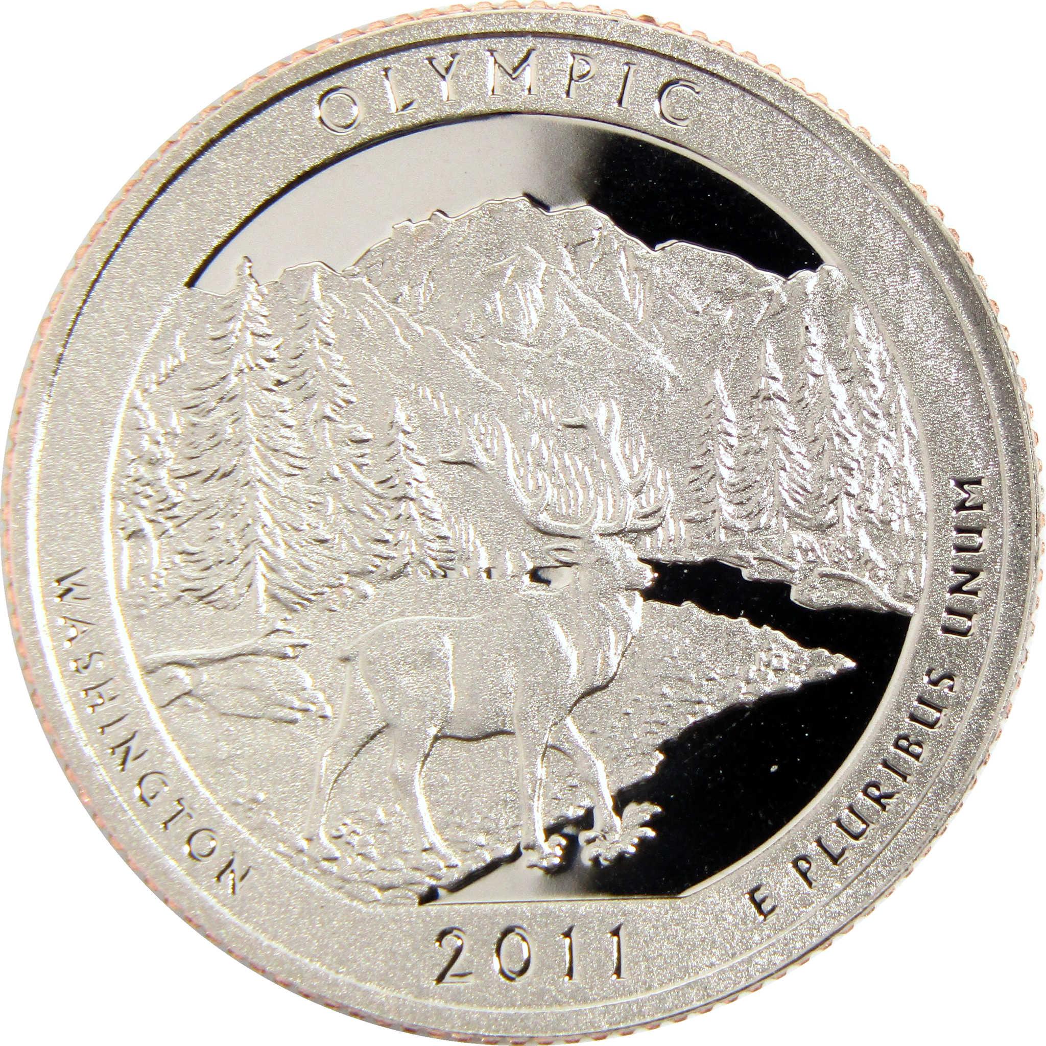 2011 Olympic National Park Washington quarter featuring elk and mountainous forest scene