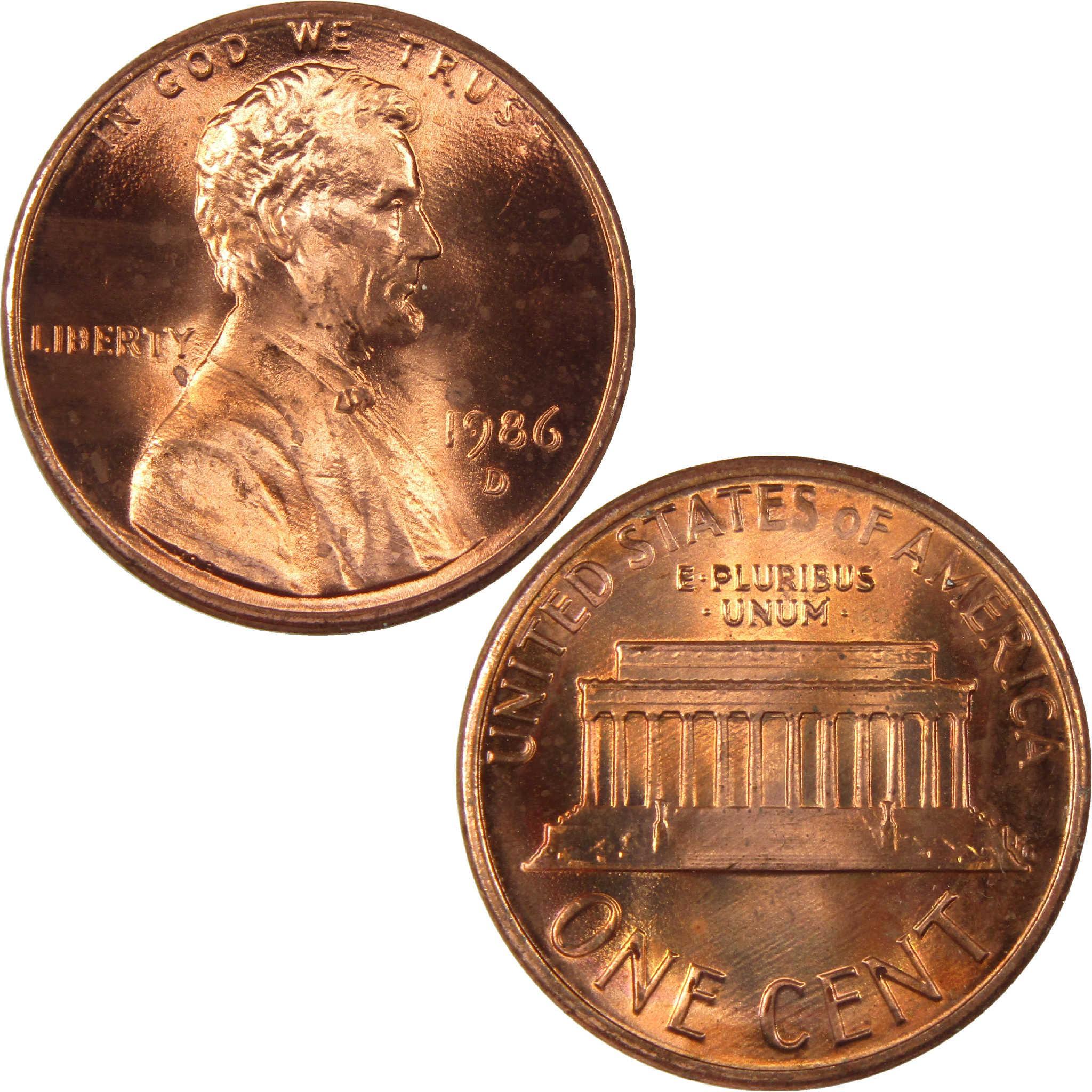 1986 Lincoln penny showing obverse with Lincoln portrait and reverse with Lincoln Memorial